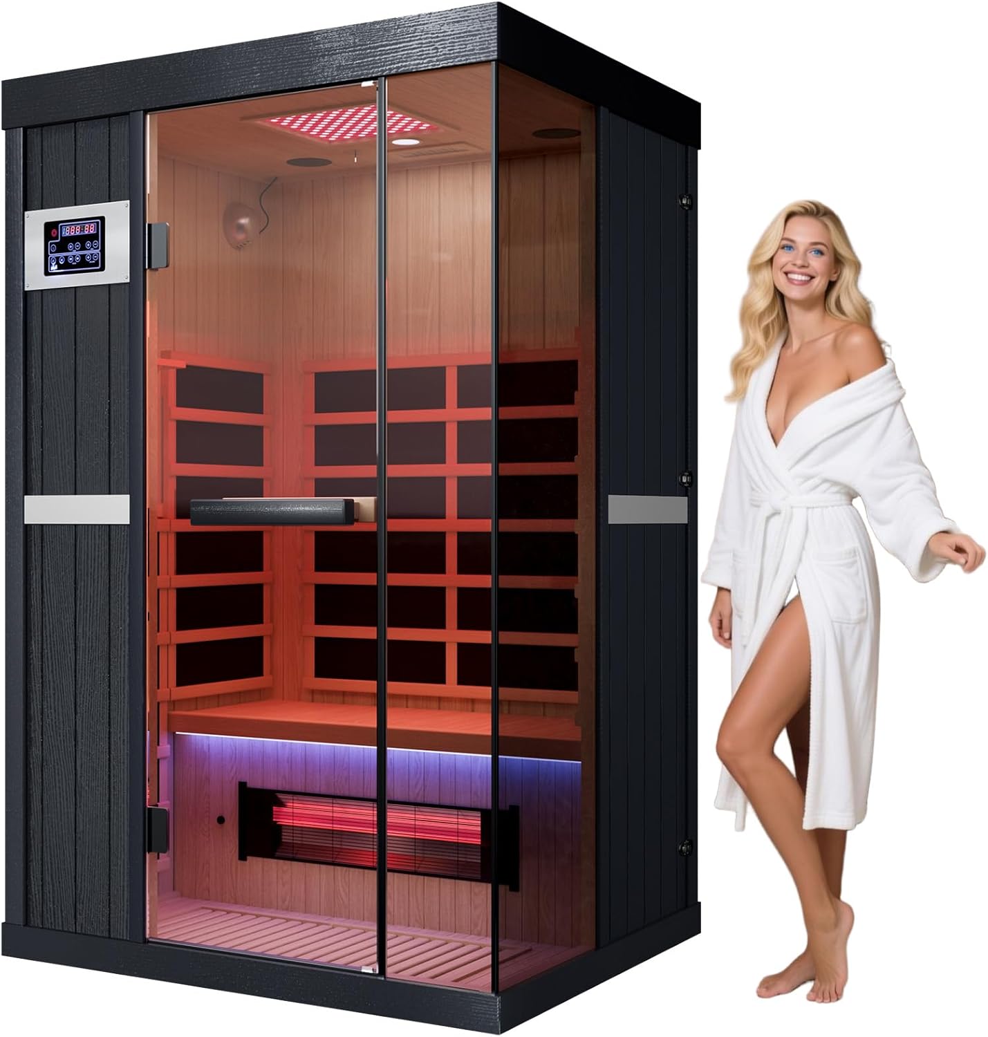 OnxyEdge 2-Person Full Spectrum Infrared Sauna, Himalayan Salt Rocks Plus 12 * 12 Red Light Therapy  2 Built-in Speakers, 2000W - 120V Indoor Hemlock Dry Sauna with Dual LED Controls for Home  Gym