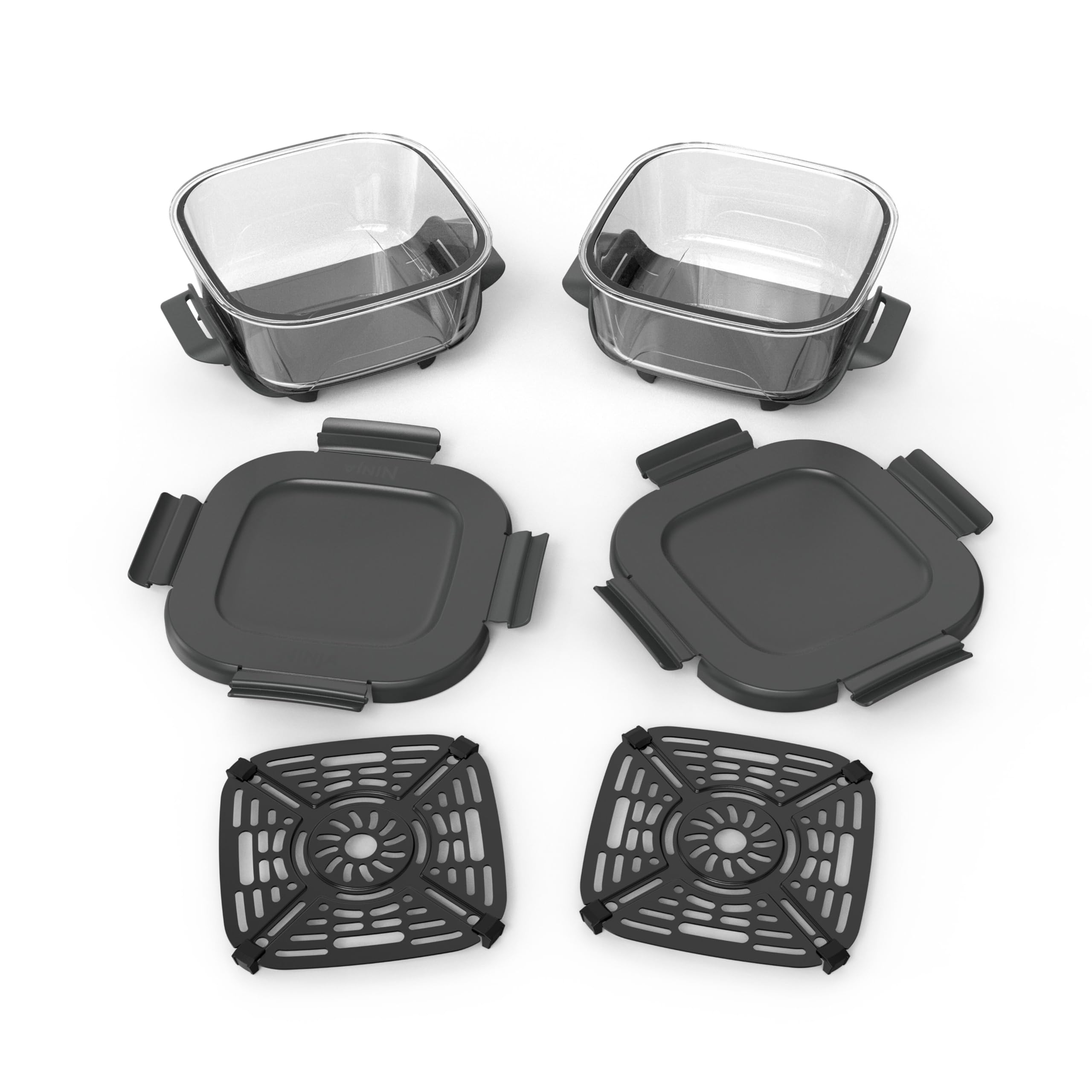Ninja CRISPi TempWare 2er-Schüssel-Set: Glasbehälter (1,4 l) mit Schnappverschlussdeckeln, wärmebeständiger Heißluftfritteusen-Glasbehälter, BPA-freier Deckel für Transport XSKLIDPLT2EUUK