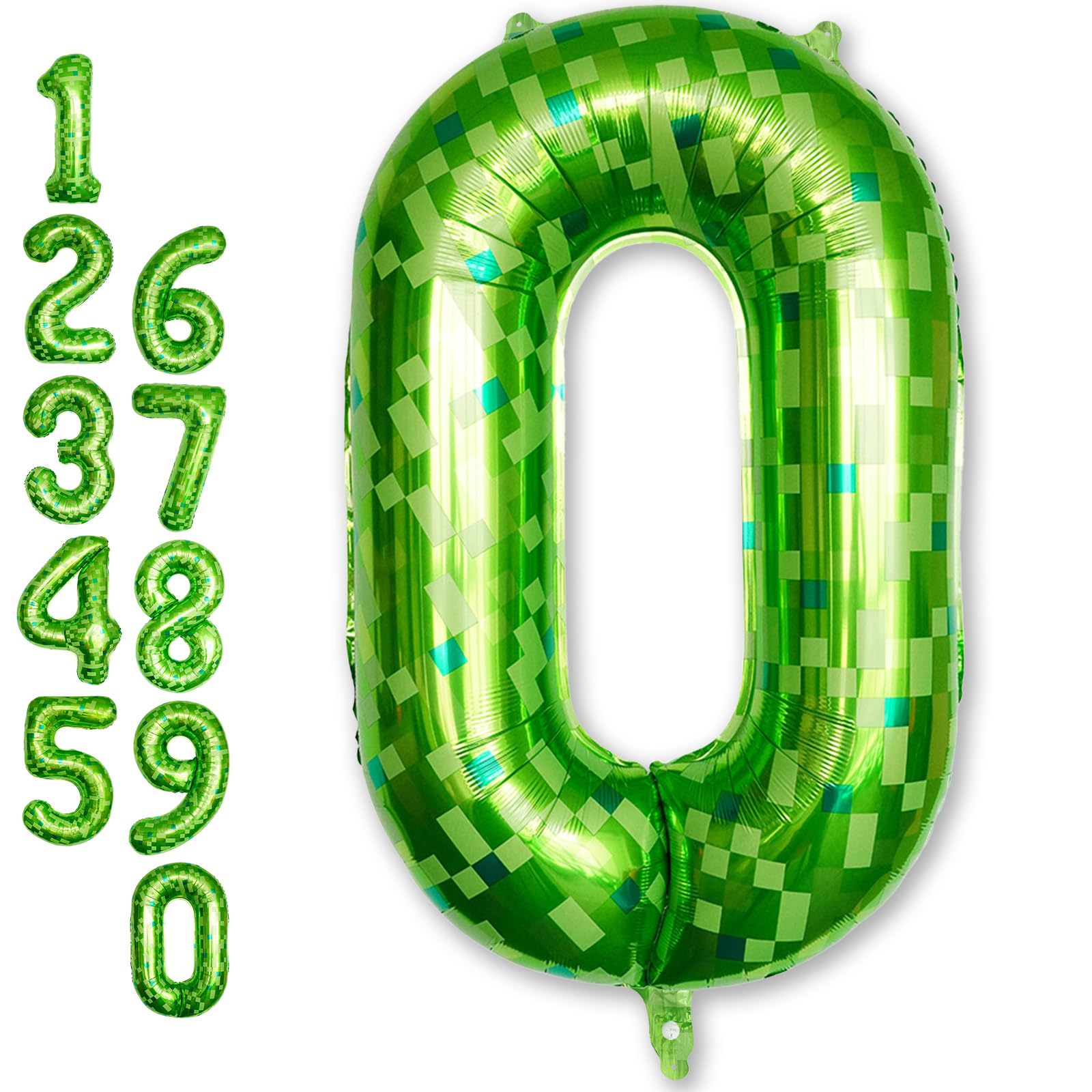 40 Inch Lime Green Pixel Number 0 Balloon for 10th Birthday Decoration, Large Dark Kelly Green Foil 0 Balloons for Boys Ten Year Old Birthday Video