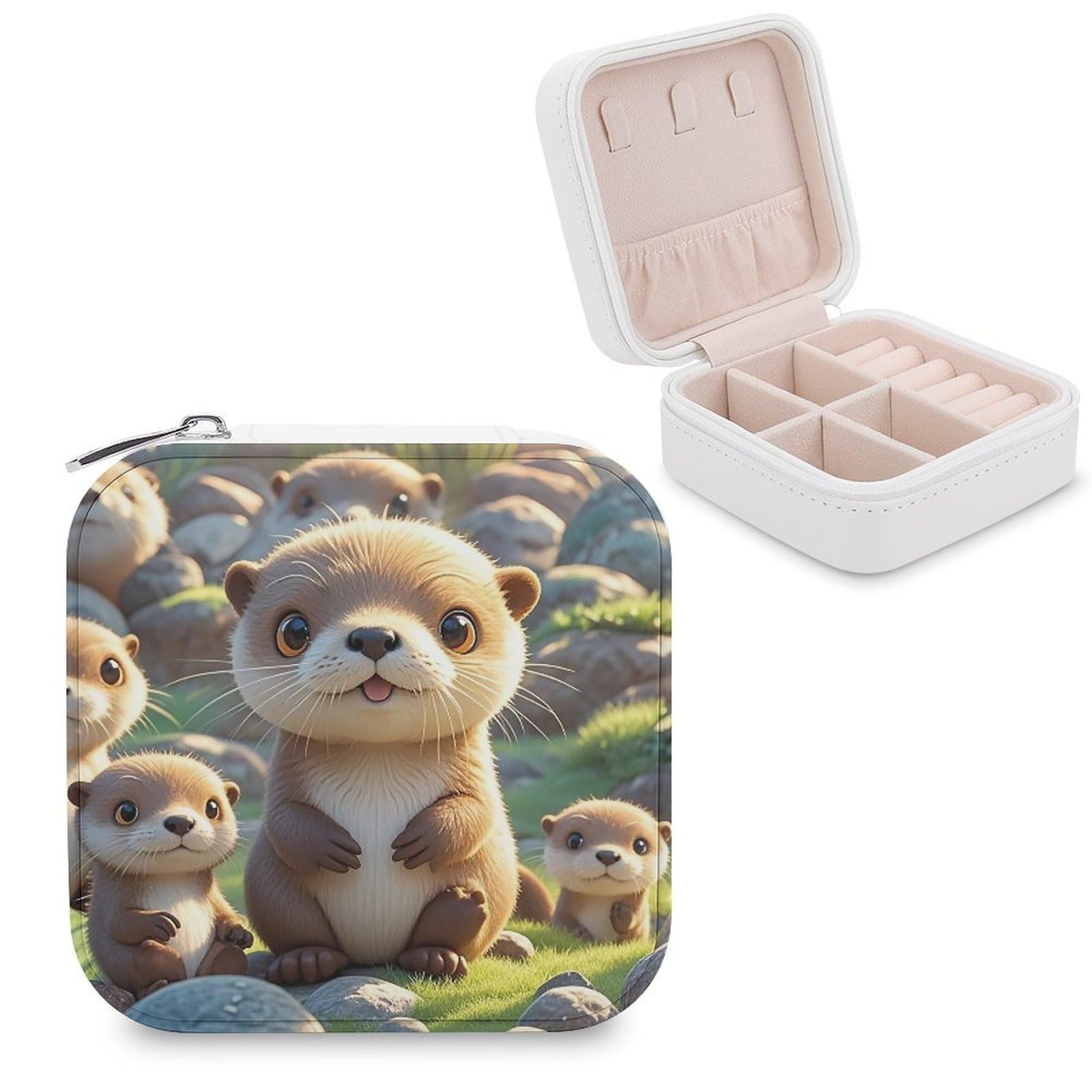 LZQPOEAS Cartoon Brown Otters Jewelry Box Mini Jewelry Travel Case Trendy Stuff Ring Box Custom PU Leather Jewelry Boxes Portable Jewelry Case Earring Storage Organizer for Girls Women