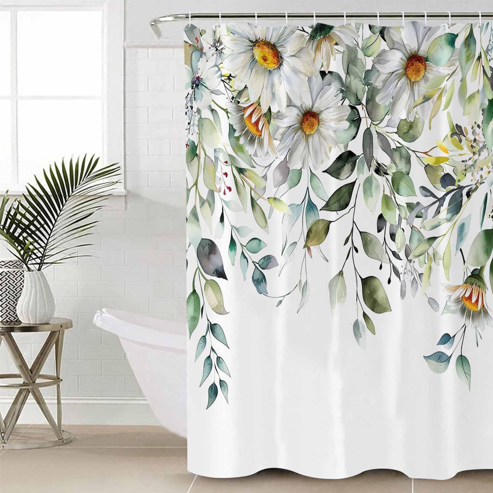 TocaHome Decorative Shower Curtain White Daisy Polyester Fabric Waterproof Bath Shower Curtains Flower Sage Green Eucalyptus Leaves Rustic Machine