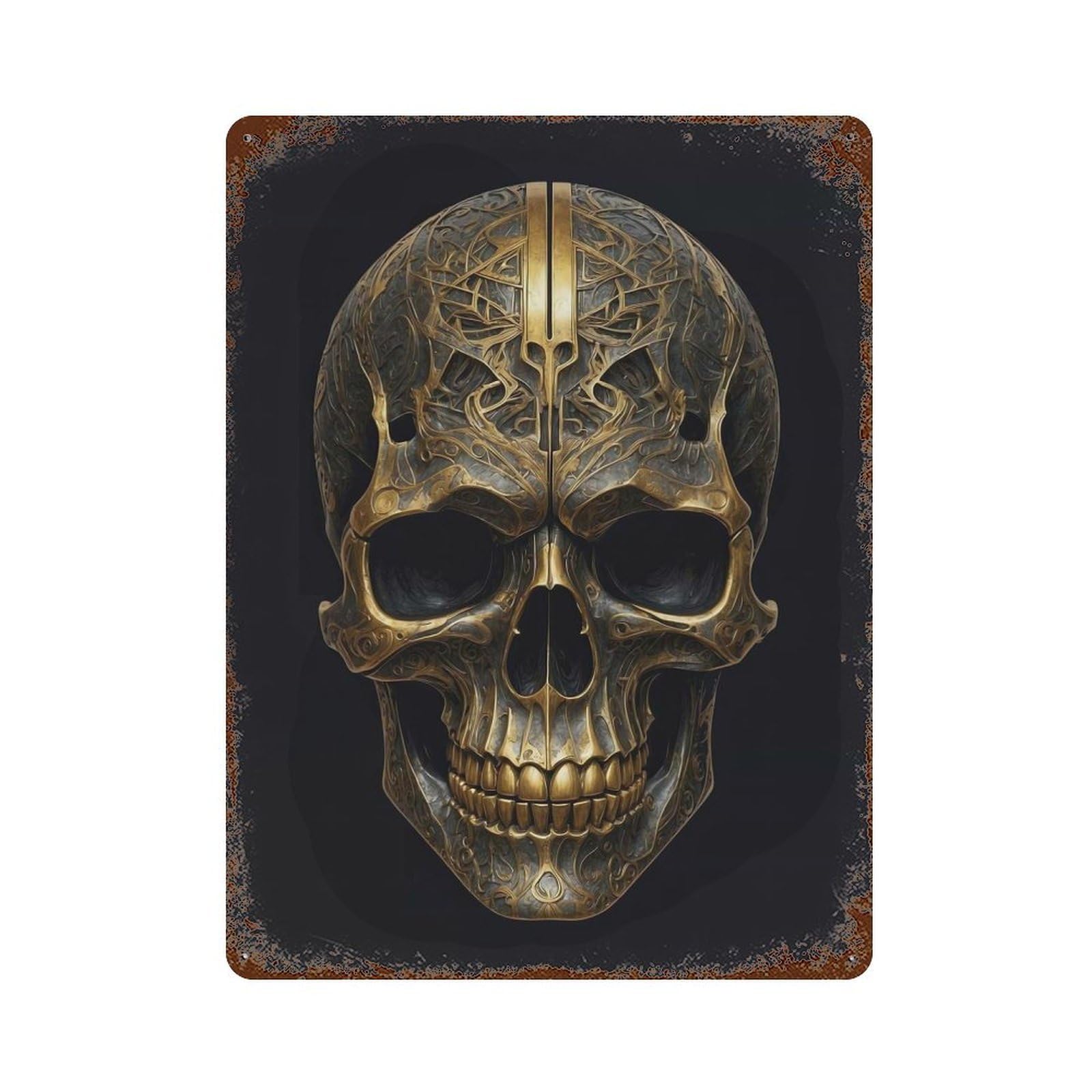 Garage Style Golden Skull Vintage Rust Metal Sign 15.7"x11.8", Retro Wall Decor for Bar And Workshop