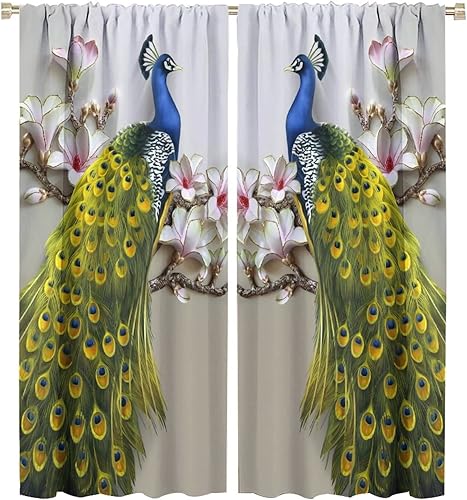 Miniatura 183 de Cortina opaca con estampado de pavo real, con estampado de animales retro, con bolsillo para cortinero y flores de peonía doradas, para dormitorio,