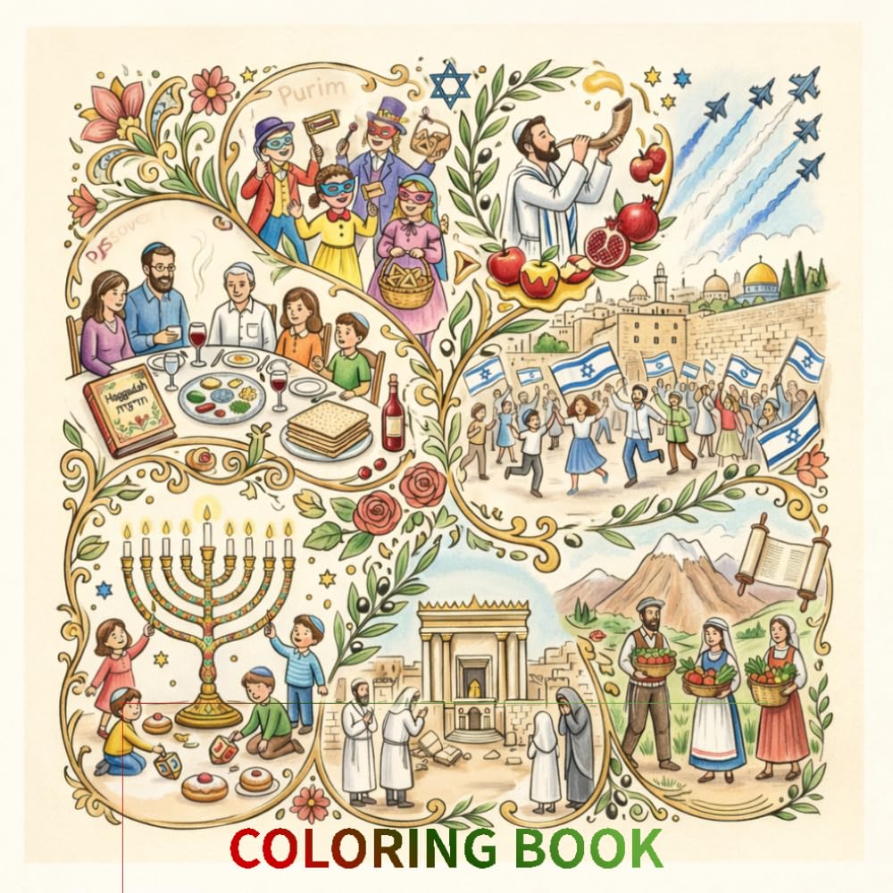 Beautifully hand-drawn coloring book that explores the rich and meaningful festivals of Israel: Israel Festivals Coloring Book for Kids & Adults: ... Traditions, Middle Eastern Travel Line Art