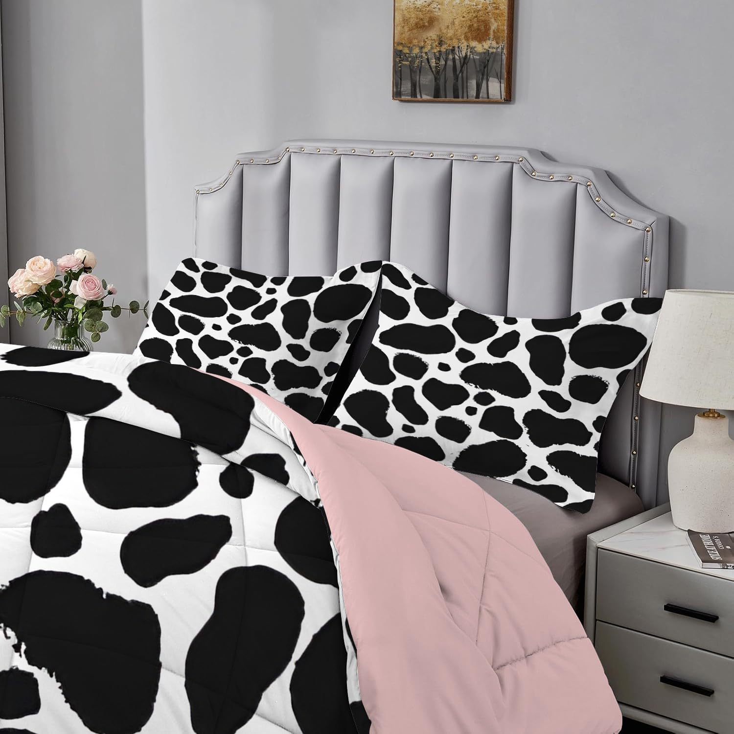 White Black Duvet King Size, Coverless Duvet 7.5 Tog with Cow Print Pattern, Soft Lightweight Comforter Set for Spring Summer, 1 Quilt King Size 230x220cm with 2 Pillowcases, Machine Washable, A489