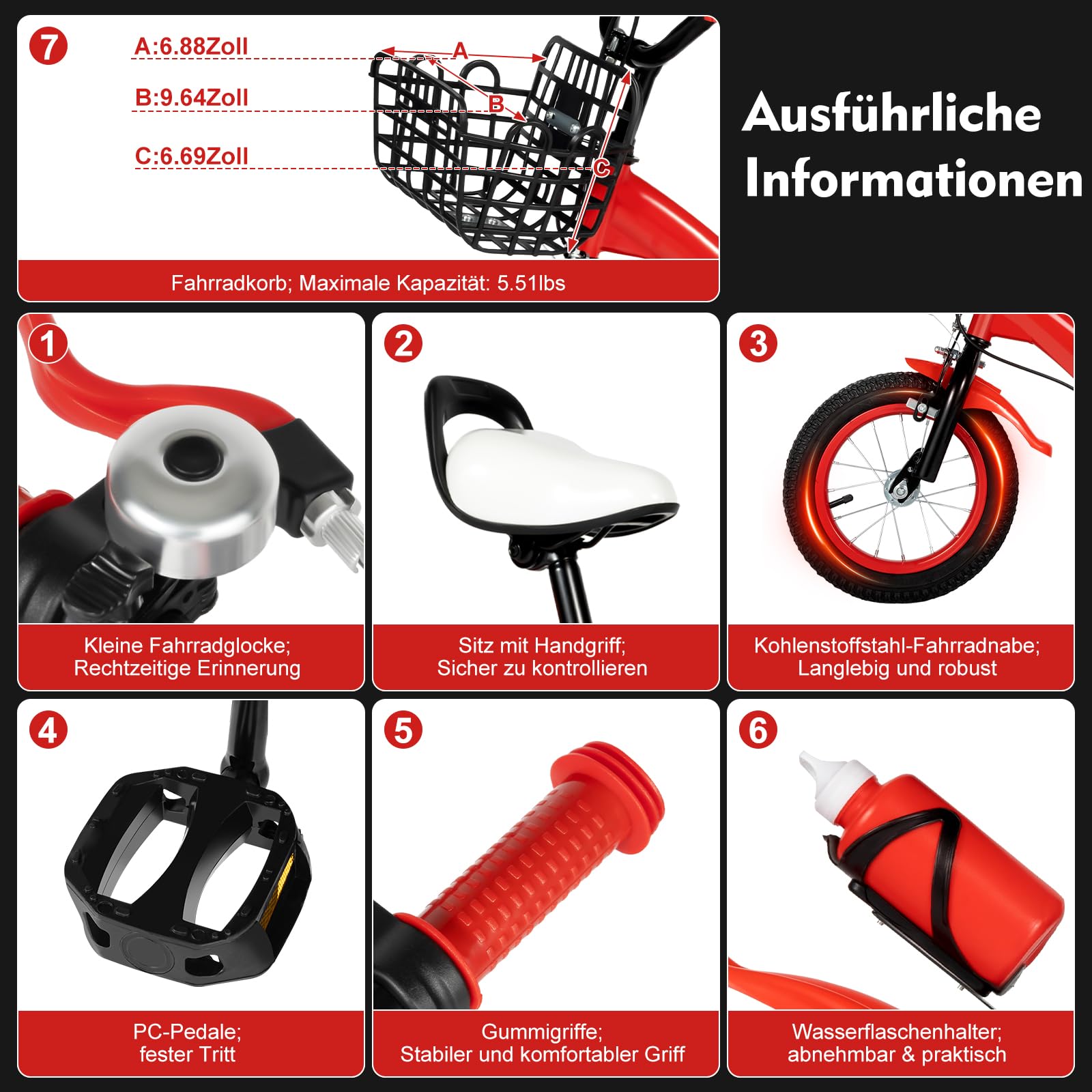 Regalo per bambini: bicicletta rossa da 12 pollici per bambini con ruote di supporto - Bicicletta regolabile in altezza con cestino e campanello a partire dai 2 anni