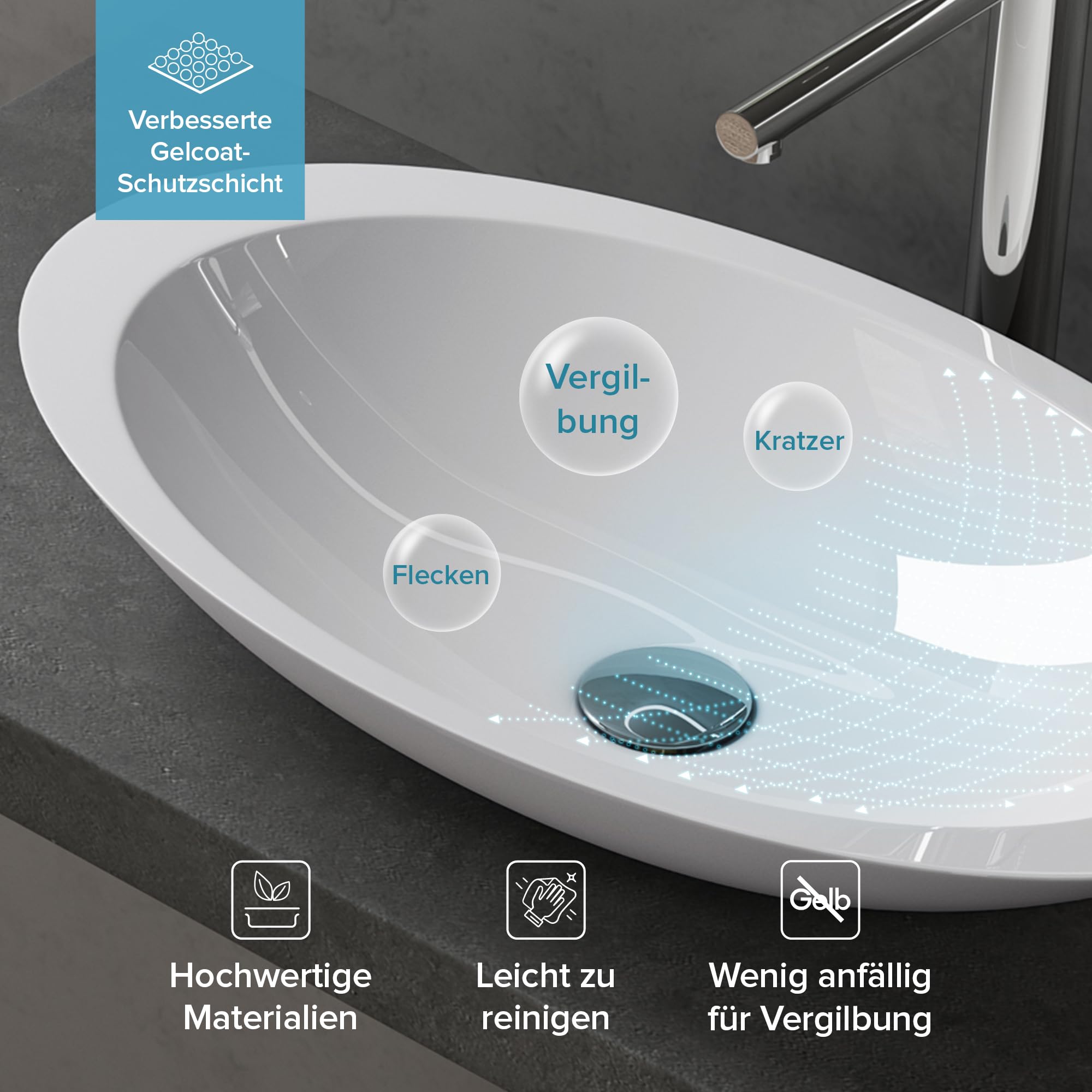 doporro Aufsatzwaschbecken Waschbecken ca. 60cm Weiß Hochglanz Mineralguss