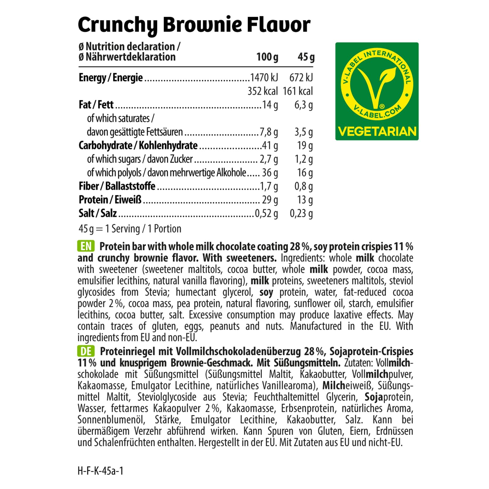 HEJ – Crispy Protein Bar Crunchy Brownie 12x45g – Proteinreicher Snack mit 13g Protein pro Riegel – Low Sugar Proteinriegel – Vegetarisch & ohne Palmöl – Ohne Zuckerzusatz & ohne künstliche Aromen