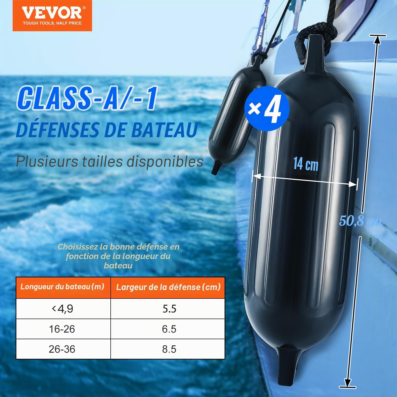 VEVOR Garde-boue de bateau, 14 x 50,8 cm, 16,5 x 58,4 cm, 21,8 x 40,6 cm, pare-chocs de bateau pour amarrage, garde-boue nervuré gonflable avec trous centraux, pare-chocs de quai de bateau marin pour