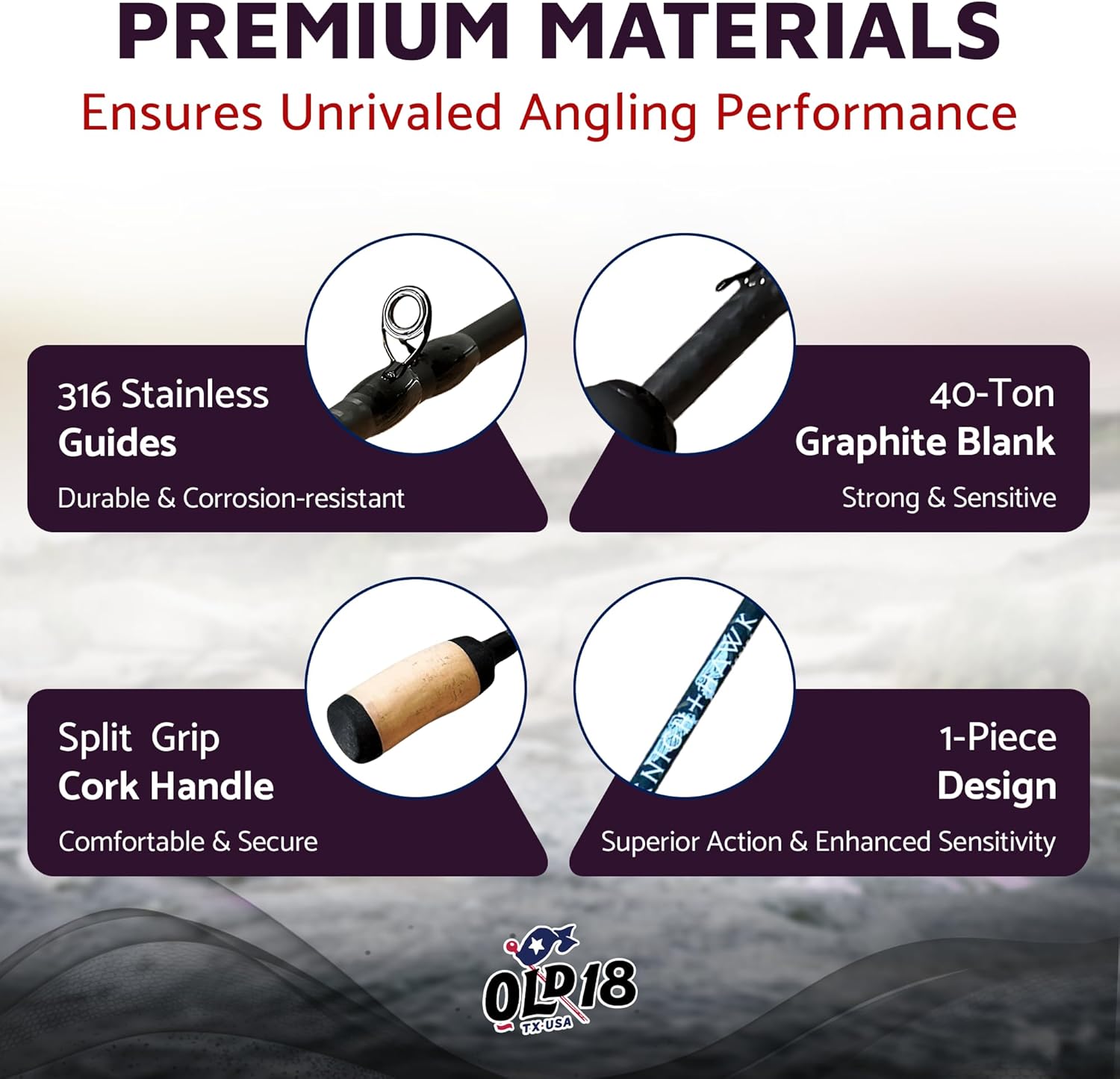 Knighthawk Series High Performing Rod - 40 Ton Graphite Blank with X-Wrap, Split Cork Grip, 316 Stainless Steel Guides with Zirconia Rings - Premium One-Piece Fishing Rod for Precision Anglers