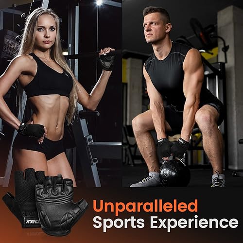 Miniatura 6 de ATERCEL Guantes de entrenamiento para hombres y mujeres, guantes de palma de cuero negro para levantamiento de pesas, gimnasio, fitness,