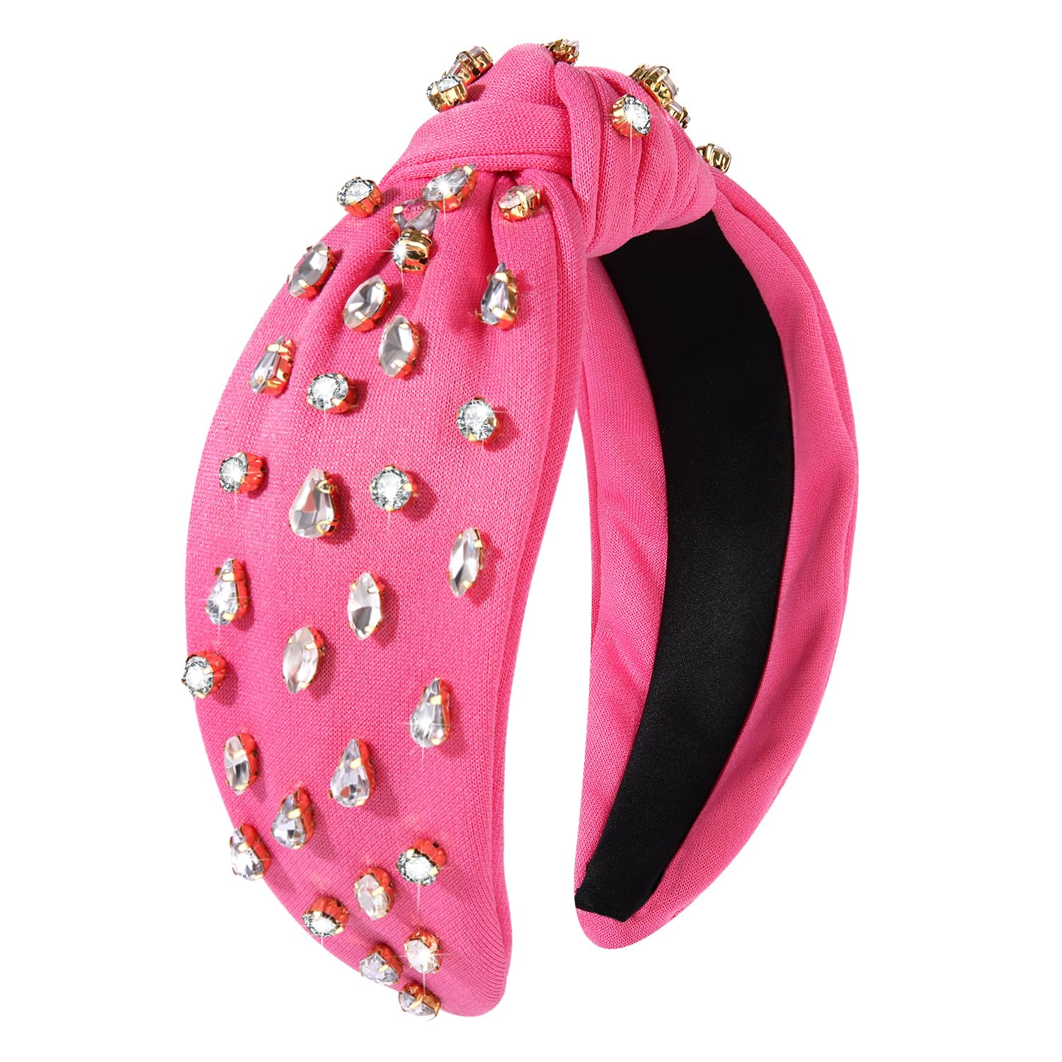 NVENF Rhinestone Knotted Headbands for Women, Crystal Rhinestone Jeweled Valentine's Day Headbands, Hot Pink Top Knot Headbands Summer Spring Valentine's Day Hair Accessories Gifts (B-Hot Pink)