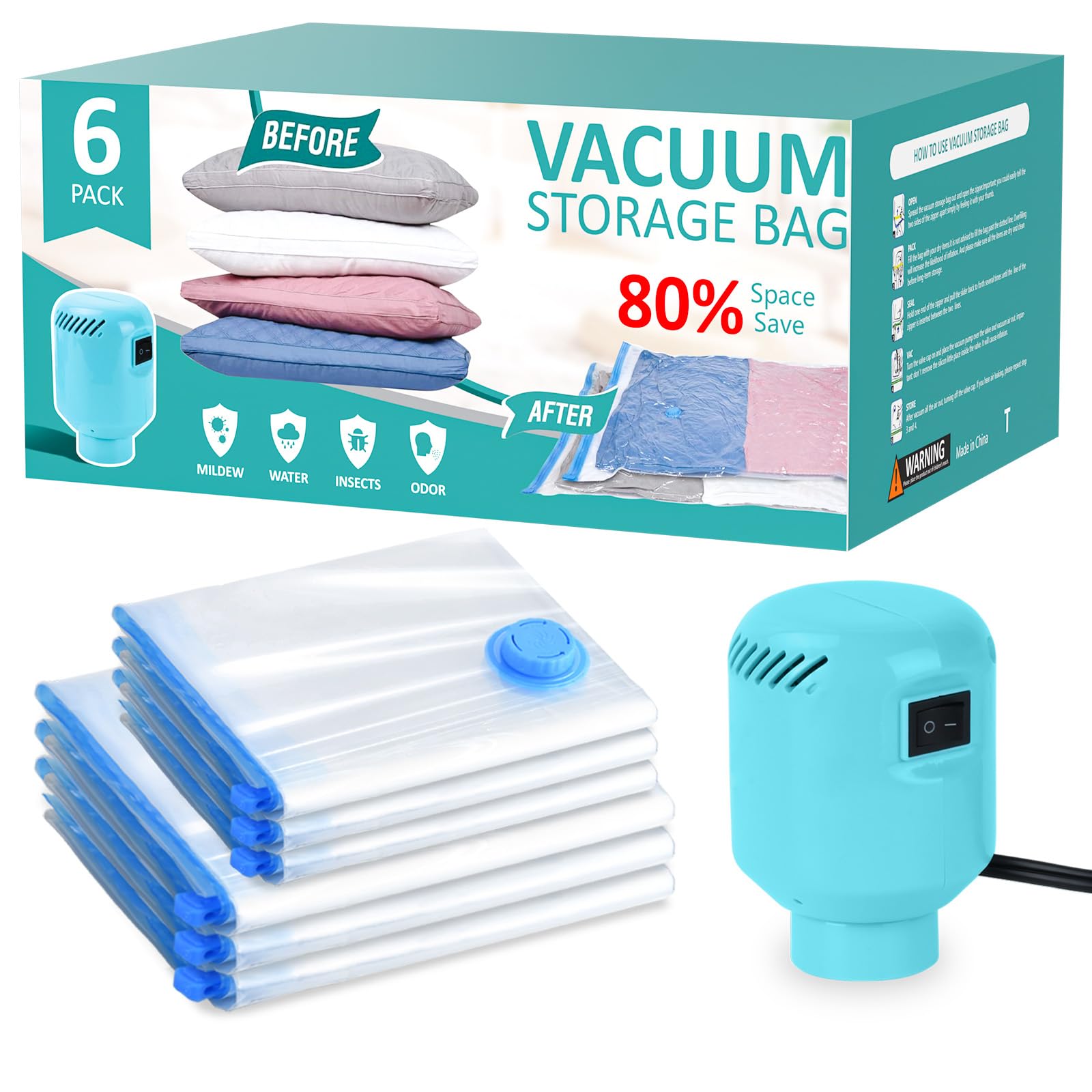 Vacuum Storage Bags with Electric Pump, Travel Vacuum Bags,Space Saver Vacuum Storage Bags，Vacuum Seal Bags for Clothes, Bedding,Blankets,Duvets, Pillows (6 Pack)