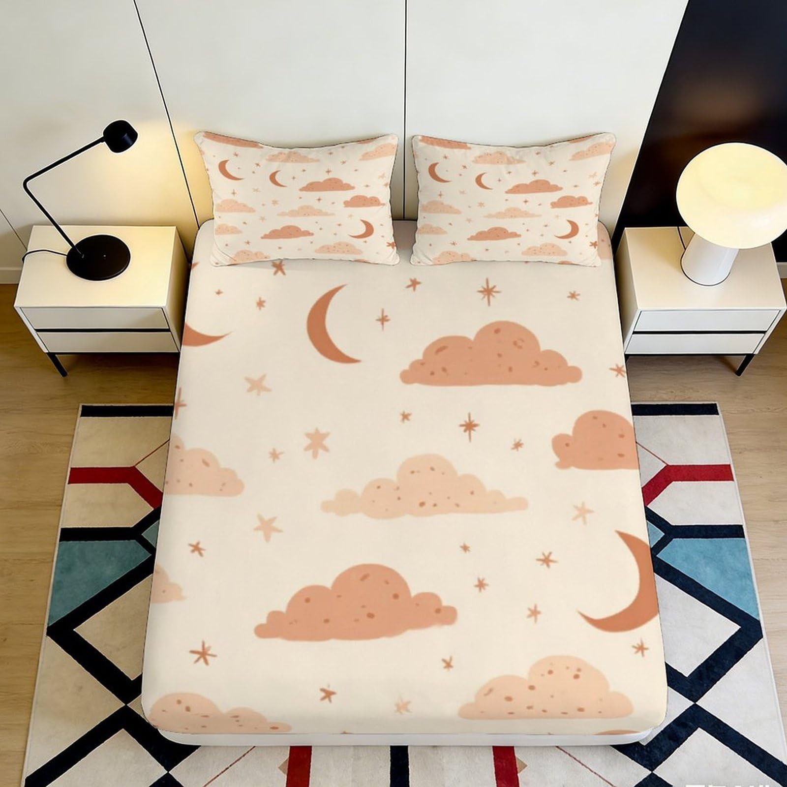 3D Printed Cloud Moon Microfiber Fitted Sheet Deep Pocket Non-Slip Bedroom Bedding Cloud Moon Mattress Fitted Cover Washable 180x200x25cm
