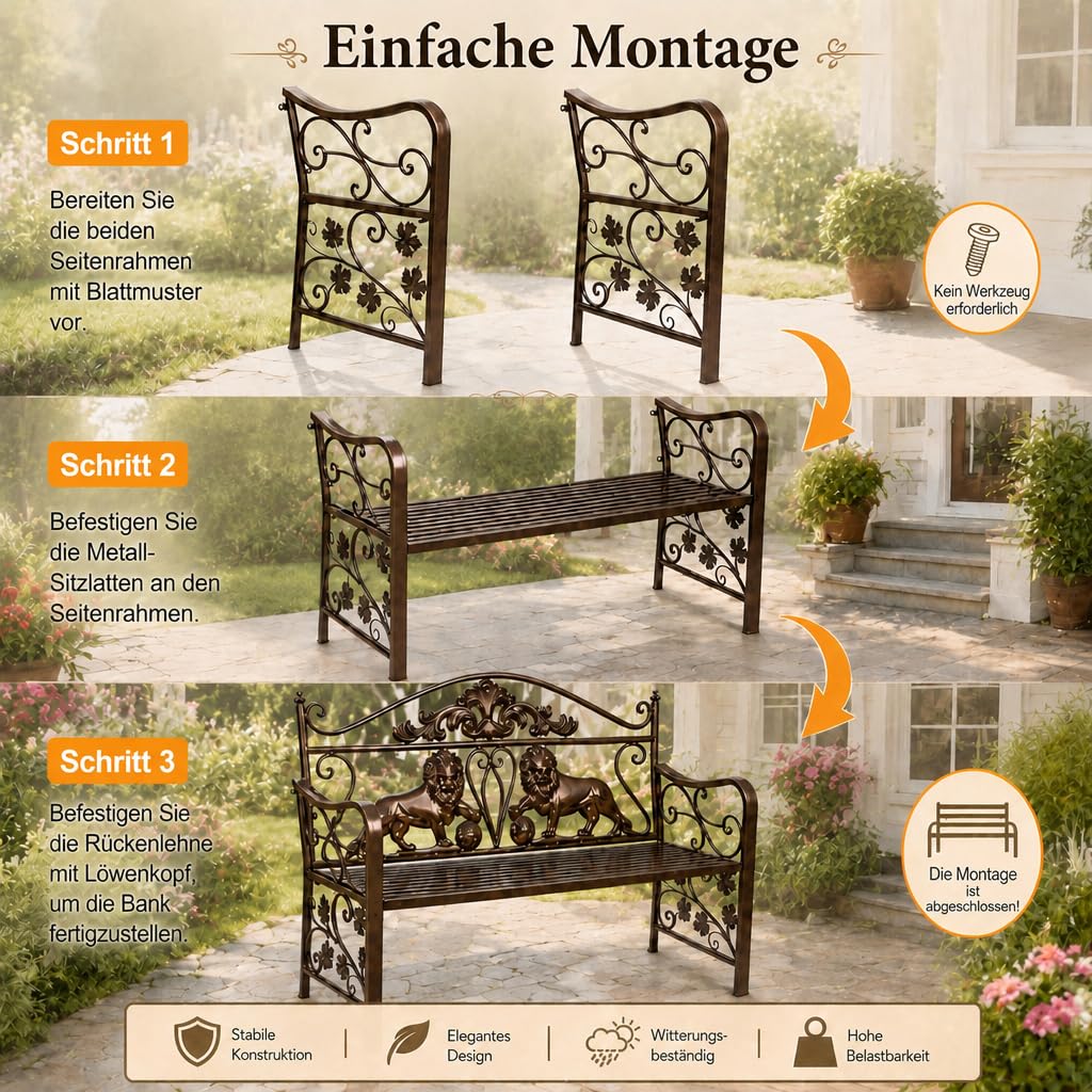 Gartenbank Metall, wetterfeste Parkbank, Ruhebank für 2-3 Personen, Vintage Sitzbank mit Löwen-Design und Rücken- & Armlehnen, für Garten, Balkon, Terrasse, Veranda & Hof – einfache Montage