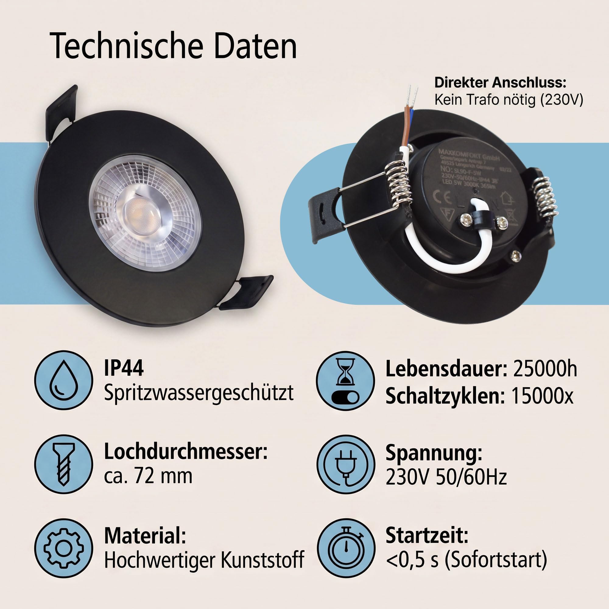 Maxkomfort 12er LED Einbaustrahler 230V 3-Step Dimmbar - Ultraflach 35mm, 5W 365lm Warmweiß 3000K - IP44 Bad Deckenspots Schwarz für Decke - Einbauspots 72mm Bohrloch, Kein Trafo Nötig