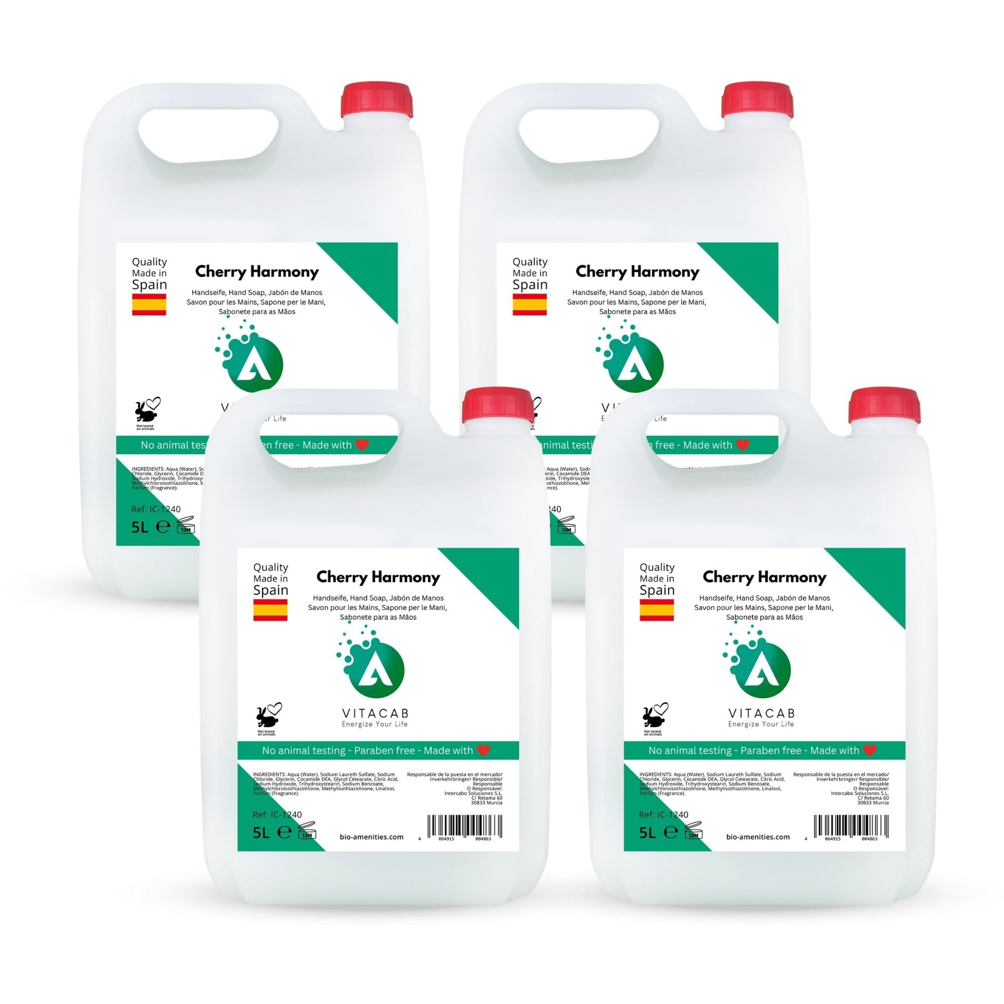Gel de ducha y jabón de manos 5L - Granada, Almendras, Spa, White Tea Harmony y Handseife - cuidado corporal y limpieza profesional - formato garrafa - Vitacab (4 Garrafas, Cherry Harmony)