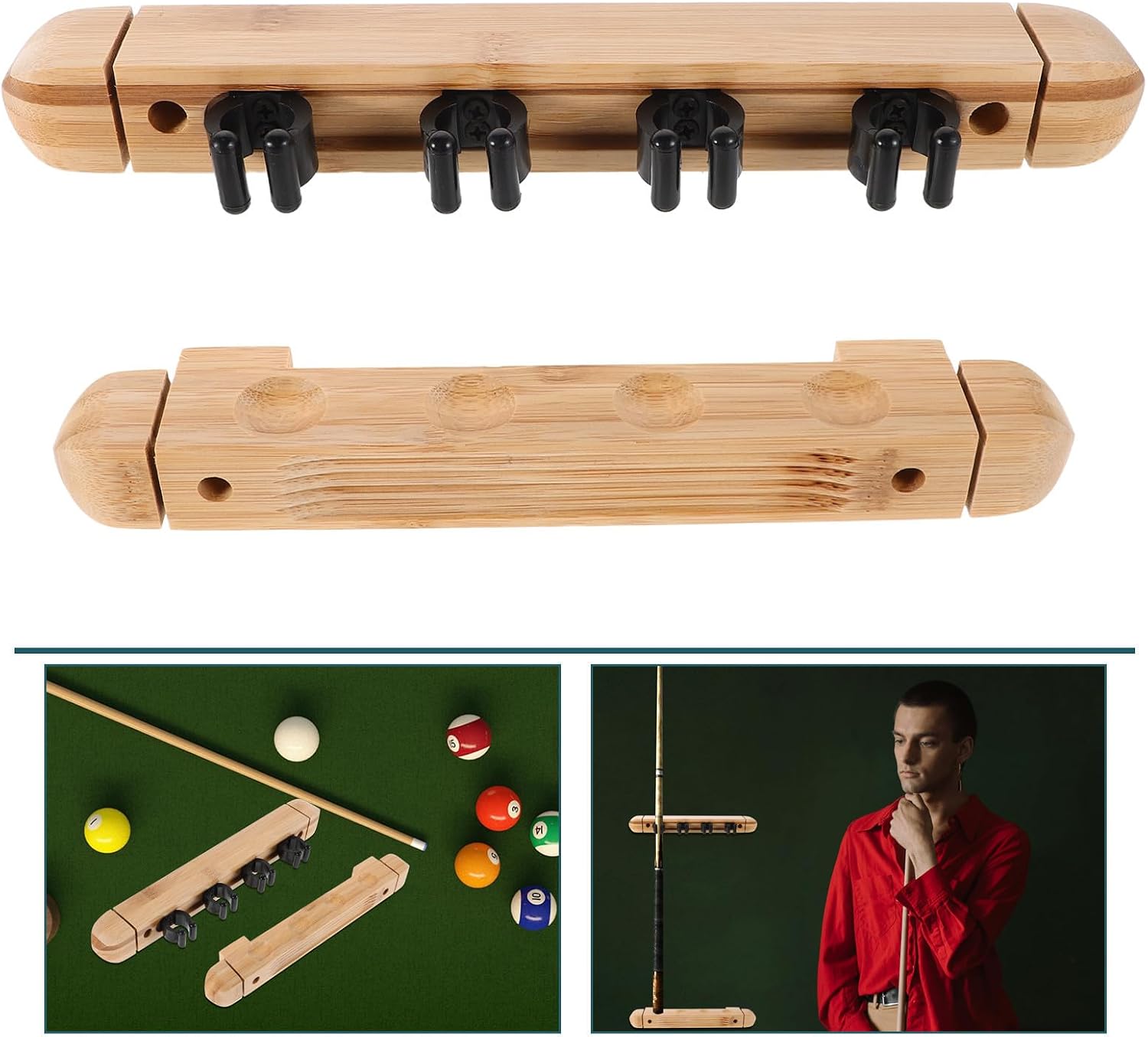 Billiard Cue Rack Organizer Wood Roman Style Wall Mounted 4 Hole | Khaki Finish, Green Assembly Tool Included, Nail Hardware for Bars Clubs