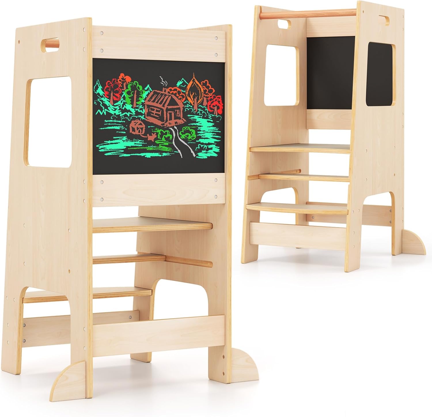 HONEY JOY Kitchen Step Stool for Toddlers, Children Wooden Standing Tower w/Safety Rail & Blackboard, Montessori Foldable Kids Learning Step Tower for Kitchen Counter (Natural)