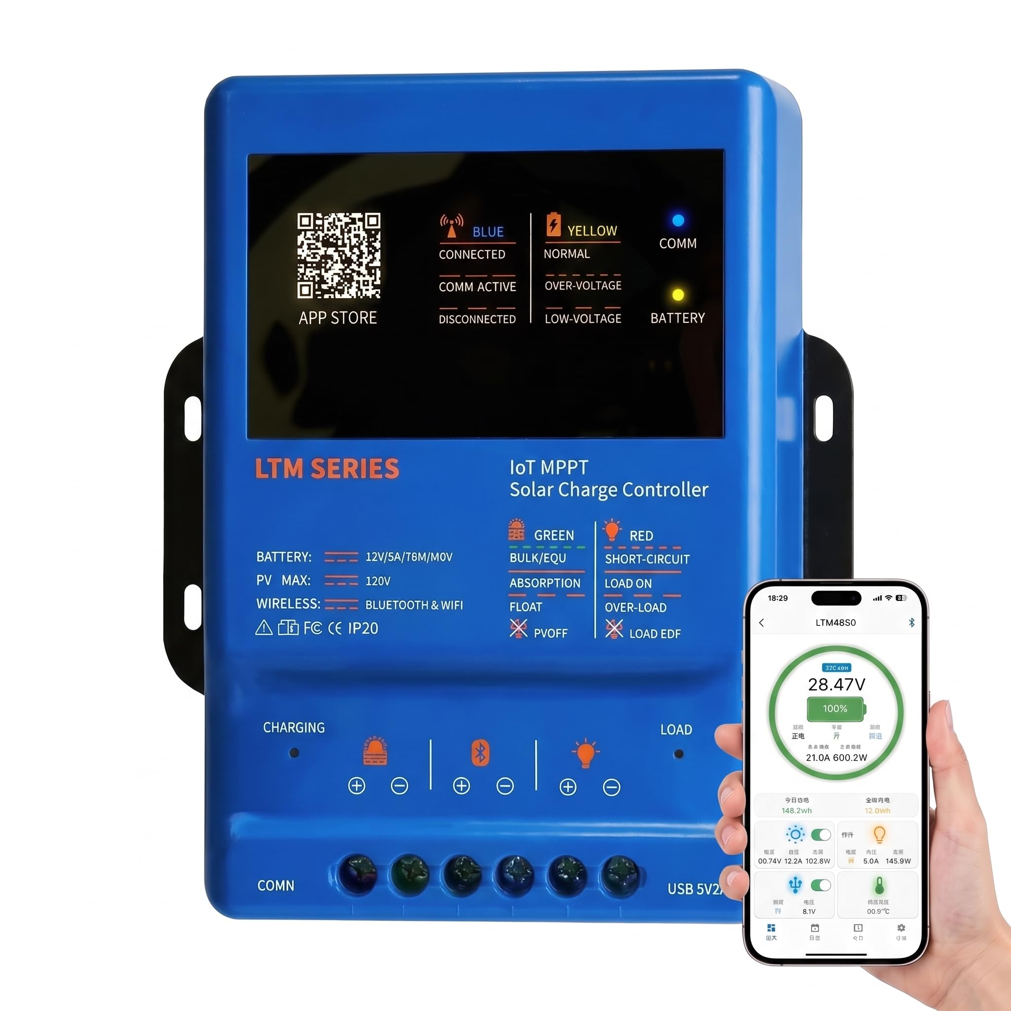 MPPT Régulateur de charge solaire 40 A 12 V 24 V 36 V 48 V 120 V PV avec application WiFi Bluetooth et activation 0 V LiFePO4 – Contrôleur de charge solaire LTM4840 pour camping-car, caravane, système