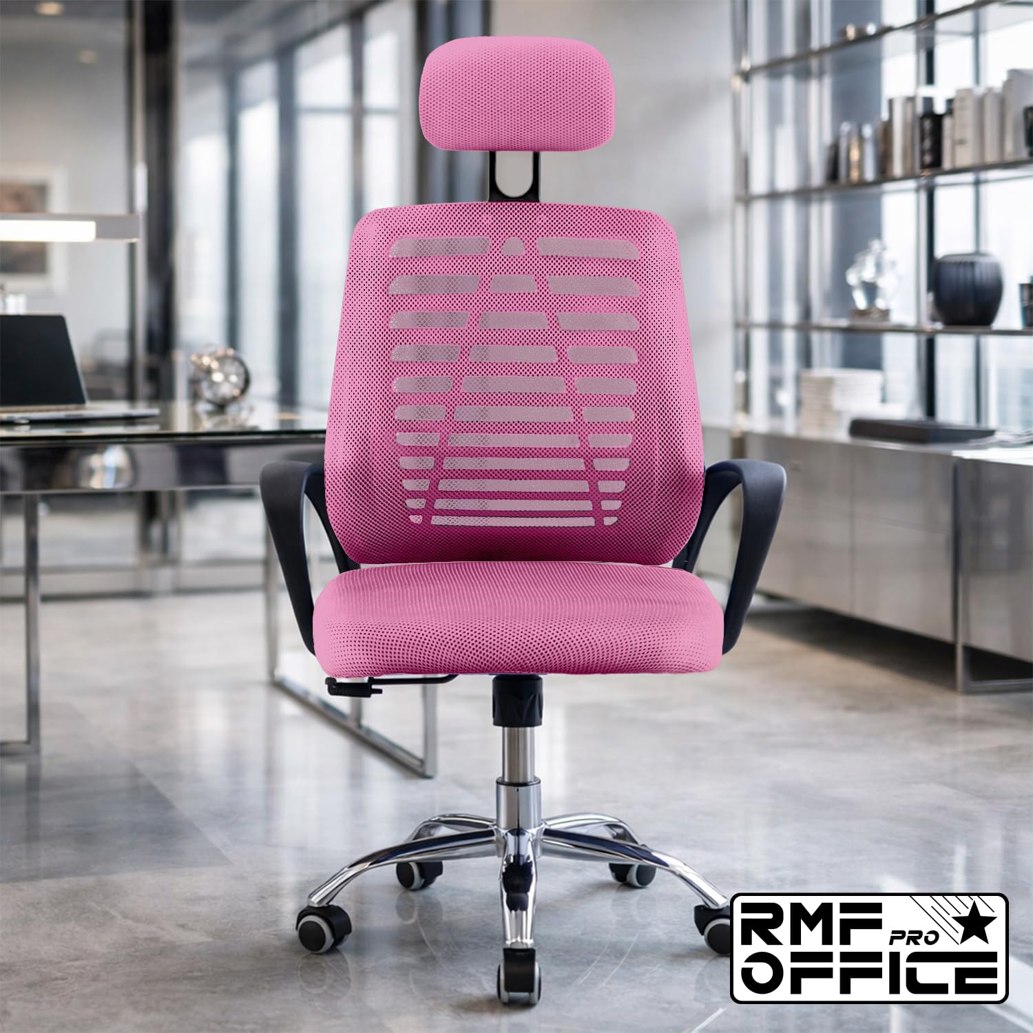 RMF Sedia Ufficio Ergonomica Professionale Reclinabile, Sedia Scrivania in Rete con PoggiaTesta Seduta Comoda e Rilassante - Poltrona Relax Ufficio con Ruote Girevoli Altezza Regolabile Rosa