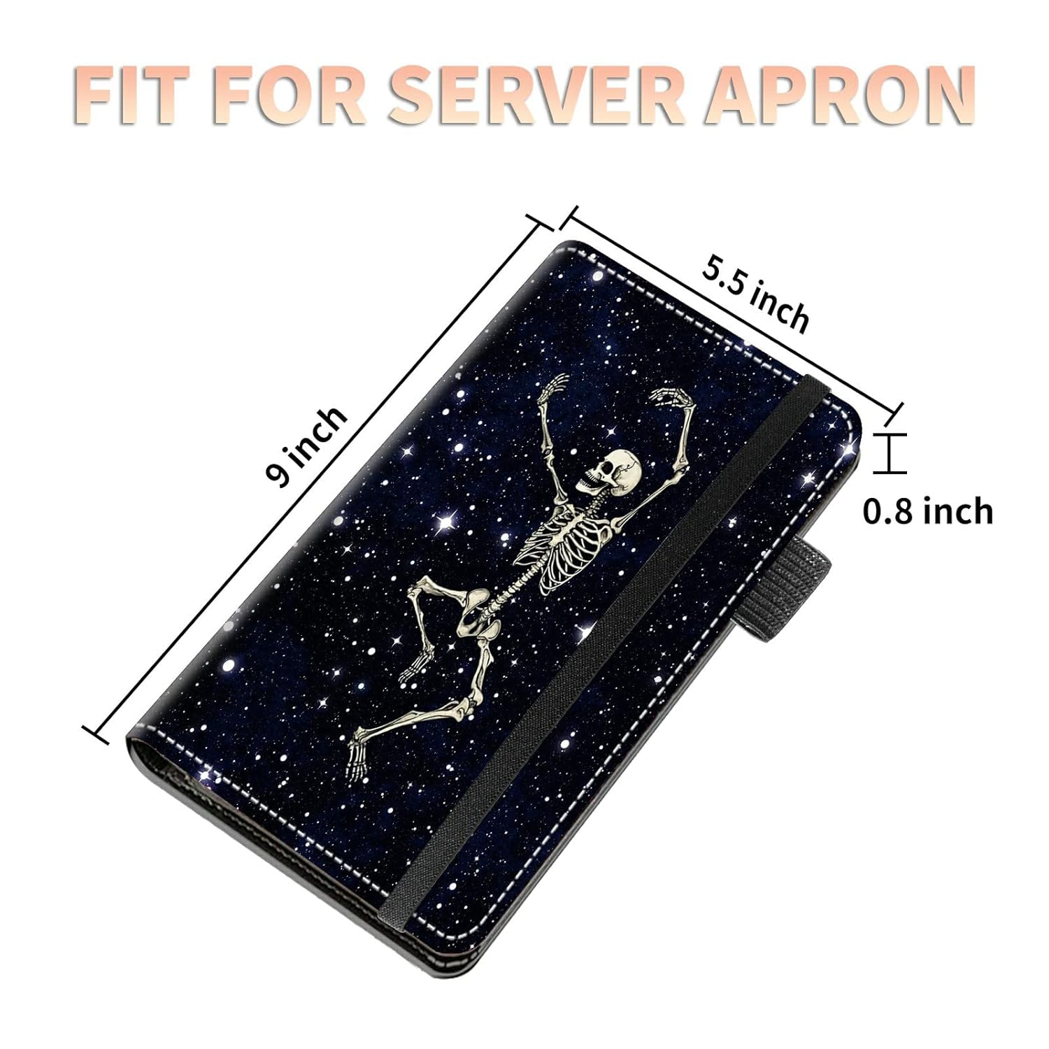 High Volume Server Books, Dance Skull Server Book w/ 2 Expandable Pockets 9 x 5 Cute Waitress Book Zipper Pocket & Strap Closure Waitstaff Organizer Server Booklet Waiter Money Wallet