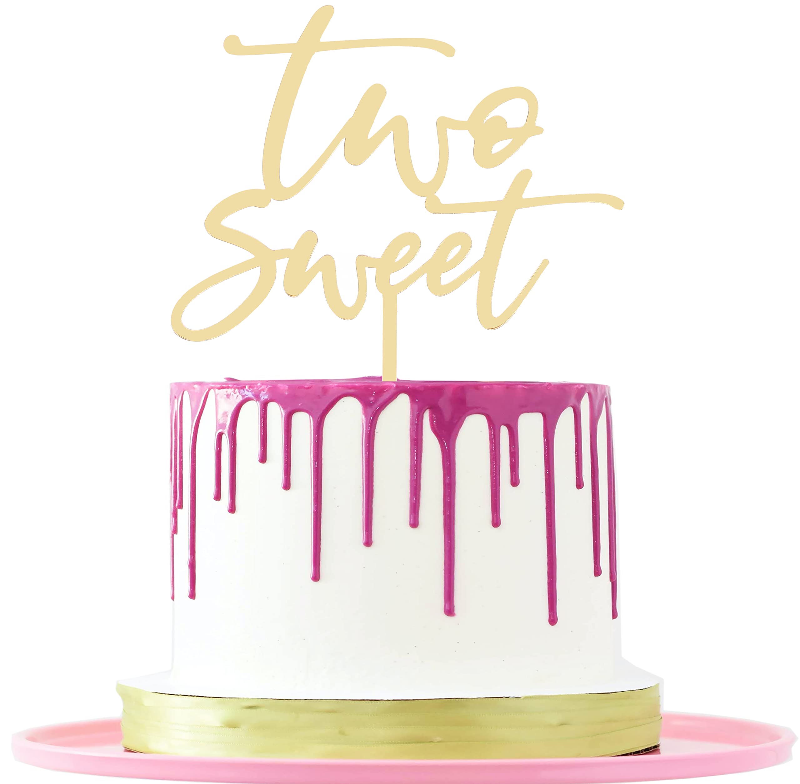 LOVENJOY Gift Boxed Two Sweet Cake Topper Decorations for Boy Girl 2nd Birthday Party Supplies, Gold Mirror