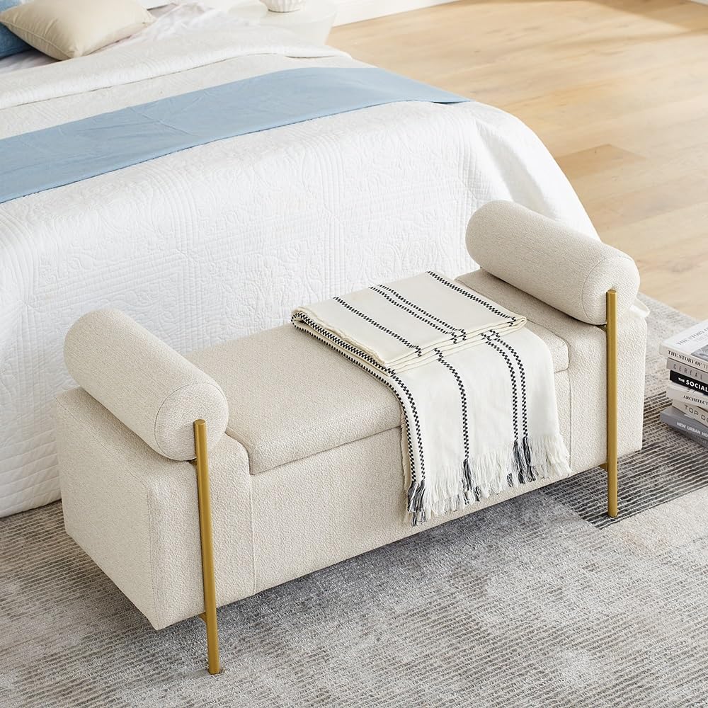 Moderno Elegante Banco de Almacenamiento tapizado de Lino con Brazos cilíndricos y Patas de Hierro for Pasillo, Sala de Estar y Dormitorio. Decorativo(Beige)