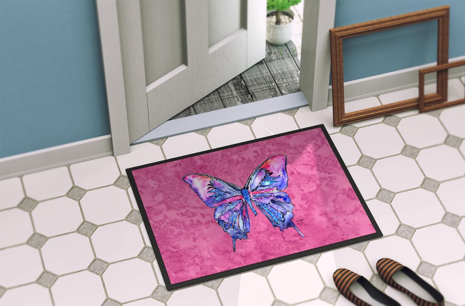 Caroline's Treasures 8859MAT Butterfly on Pink Doormat 18x27 Front Door Mat Indoor Outdoor Rugs for Entryway, Non Slip Washable Low Pile, 18H X 27W