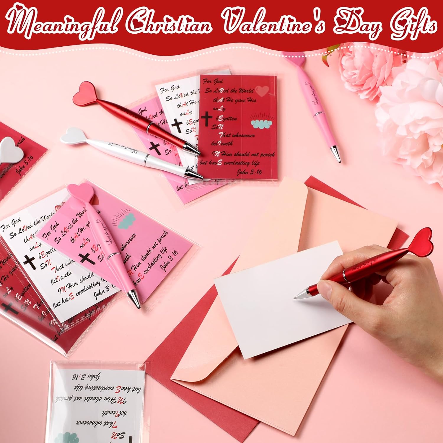 24 Set Christian Valentines Gift, Religious Heart Shaped Ballpoint Pen Bulk with Greeting Card Jesus Love Ballpoint Pen Bible Verse Card for Church Valentine Party Favor Gift Exchange - Image 5