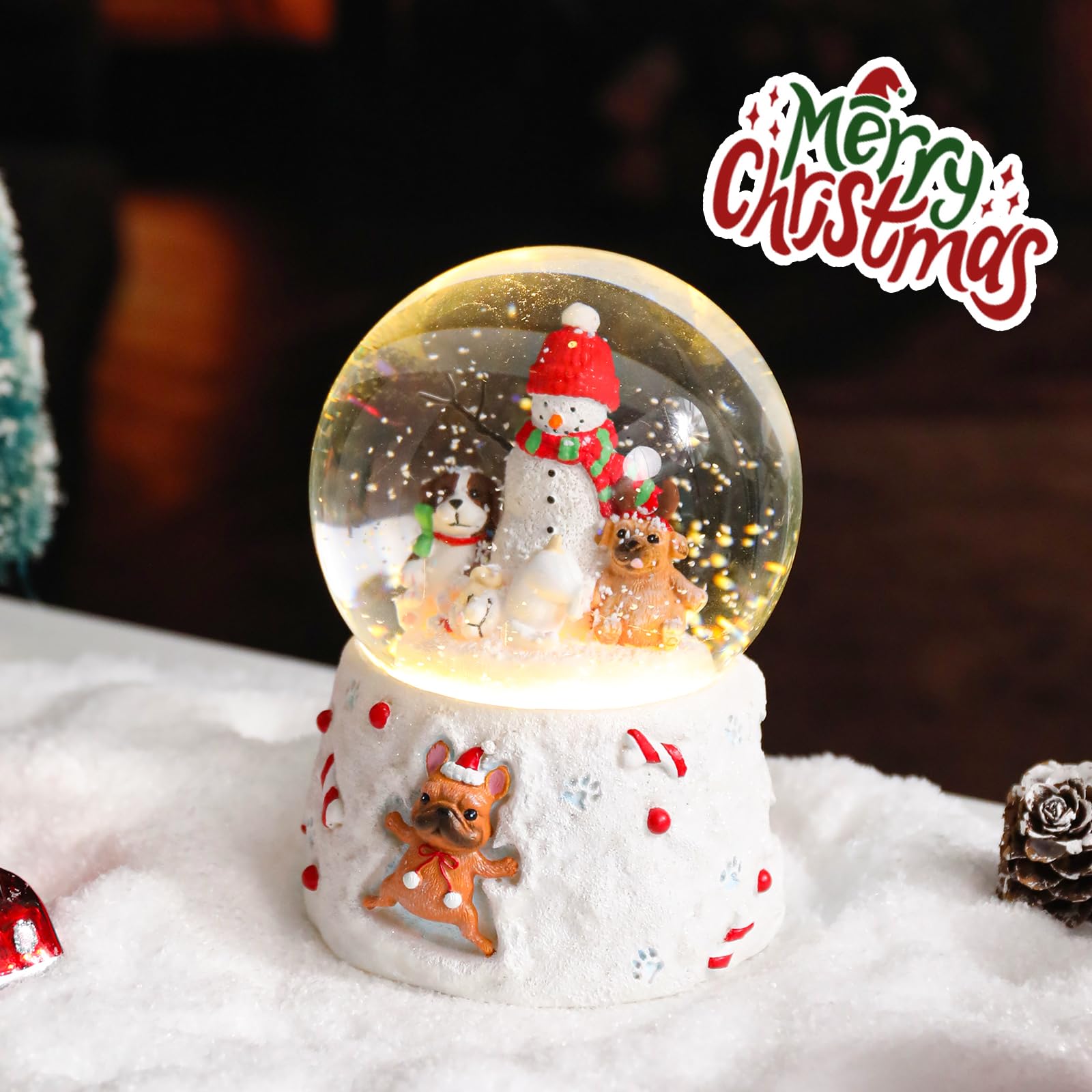 Taman Christmas Snow Globe, Snowman with Dog Musical Snowglobe Lighted Christmas Decorations Tabletop Home Décor(No Auto Snowflake)