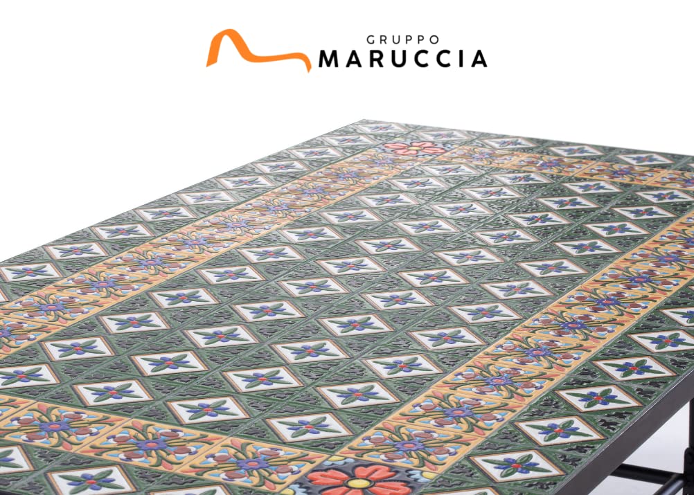 Gruppo Maruccia - Tavolo e Sedie da Giardino con Mosaico Artigianale in Ceramica - 1 Tavolo Rettangolare - 2 Poltrone e 4 Sedie con Cuscini