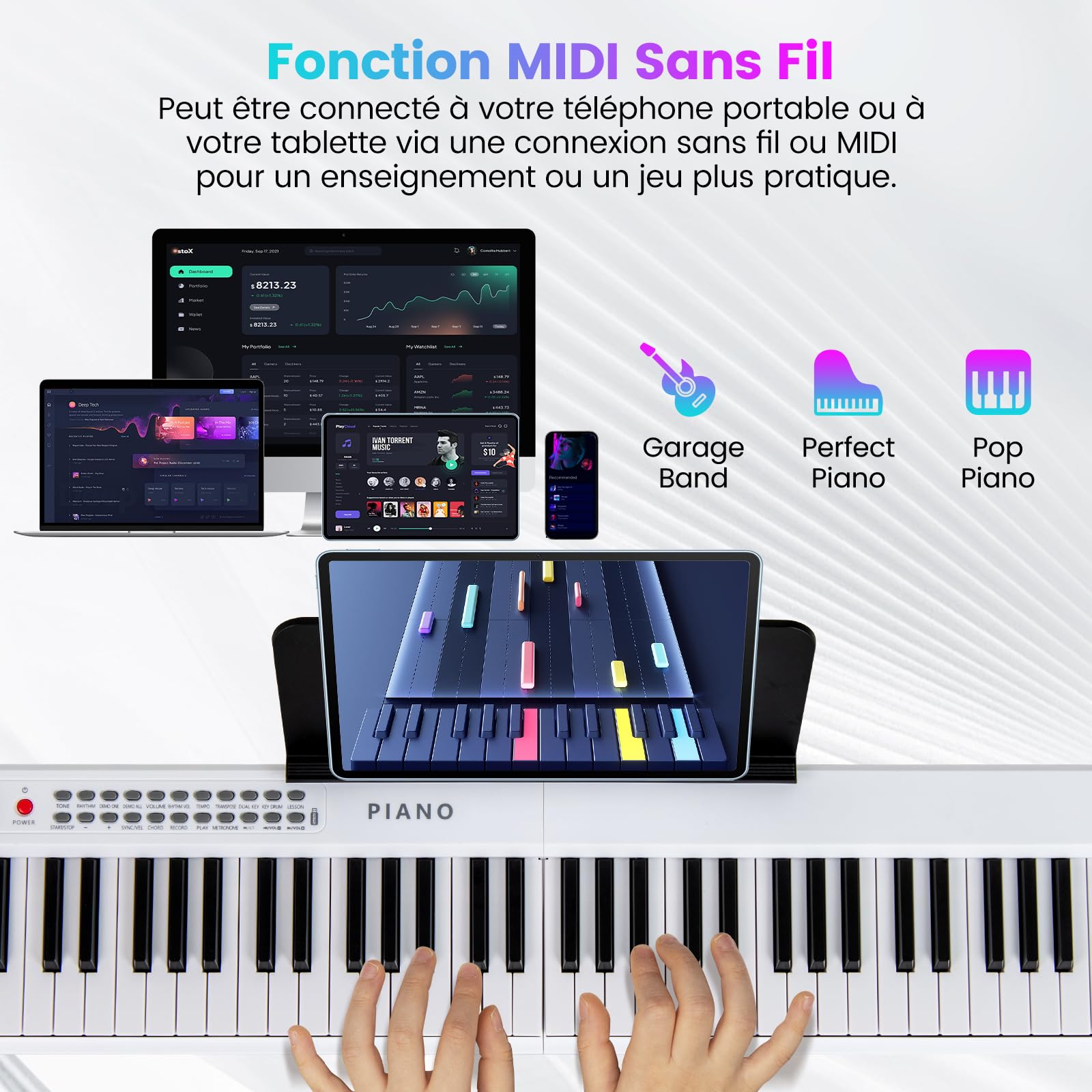 DREAMADE Clavier Numérique Pliable à 88 Touches, Semi-Lesté de Taille Standard avec MIDI Sans Fil, 2 Haut-Parleurs, Piano Portable pour Débutants, Enfants, Adultes (Blanc)