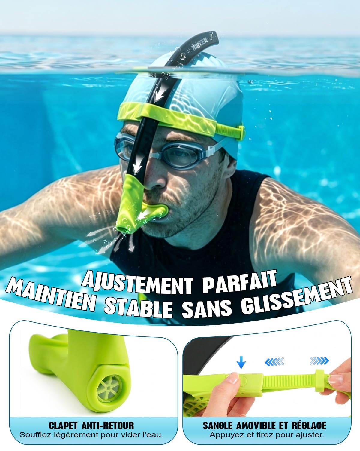 BOOSTEADY Tuba Frontal Natation Diamètre XL: Accessoires Piscine Tuba Plongée de Sangle Ajustable Homme/Femme, Swim Essentials avec Embout Silicone et Clapet Anti-Retour pour Entraînement Fluide