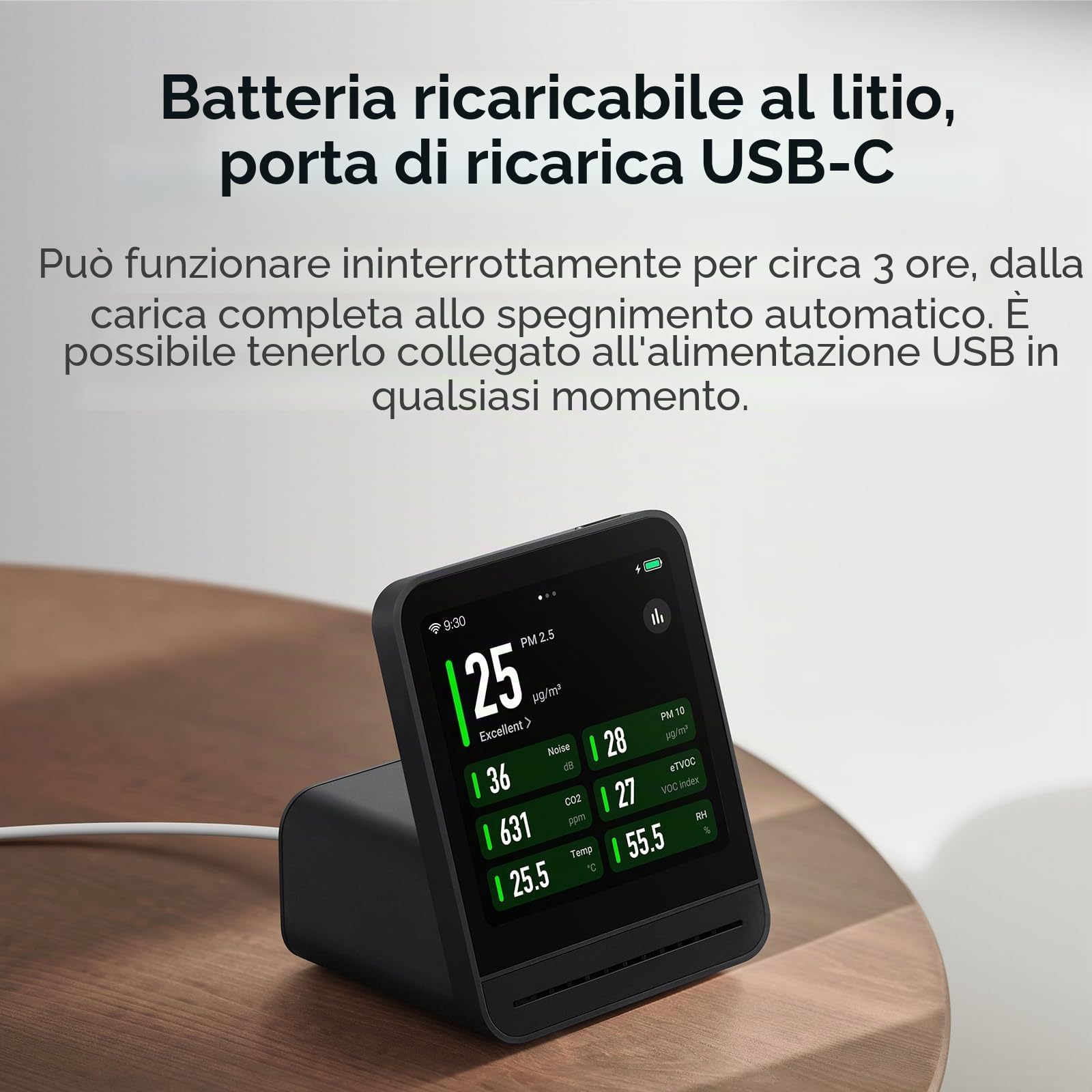 Qingping Monitor di Qualità dell'aria 2, Rilevatore di Qualità dell'Aria Interno, PM2.5, CO2, PM10, Rumore, Temperatura, Umidità, Nuova Funzione Sveglia, Tester di Qualità dell'Aria Intelligente