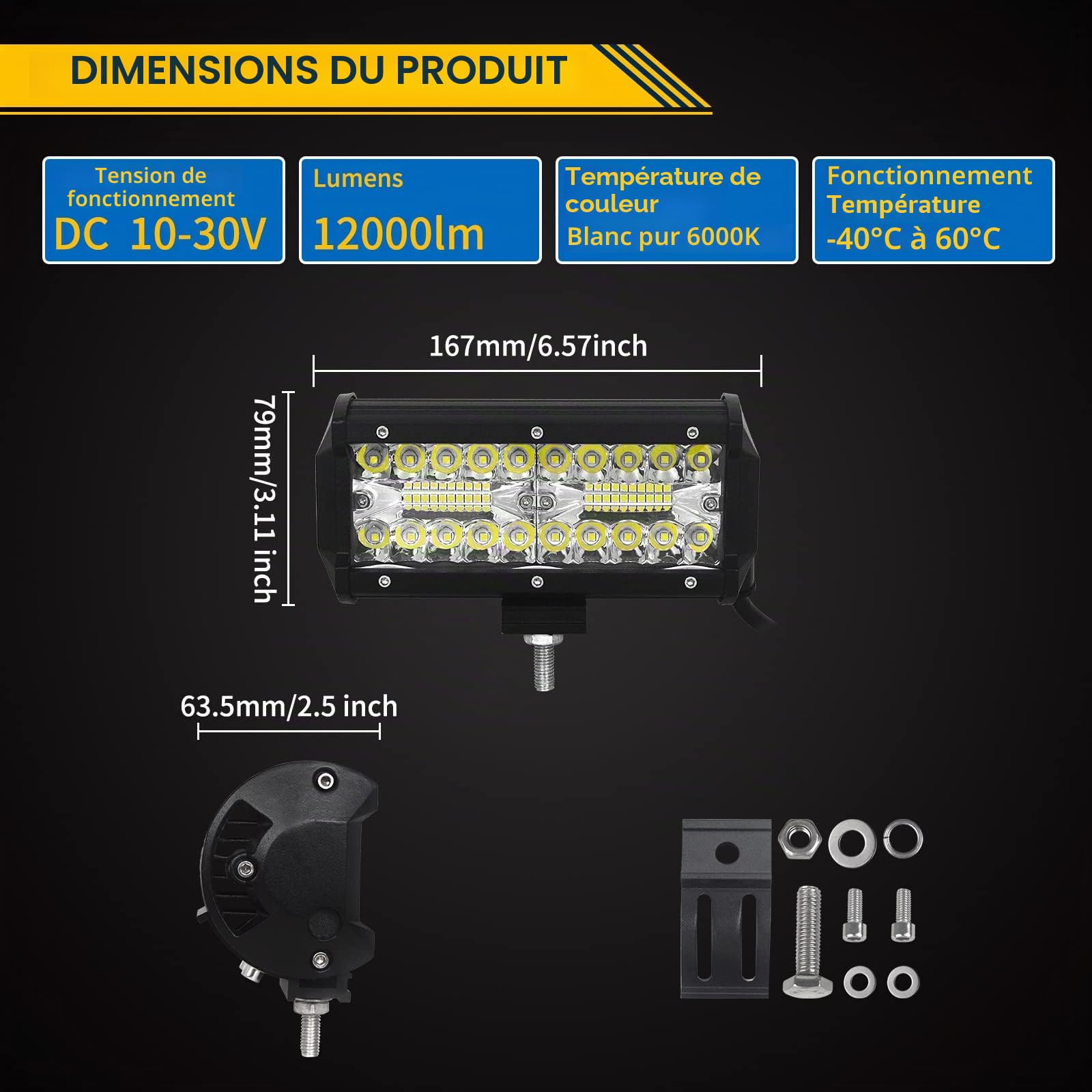 SKYWORLD Phare de Travail Led Tracteur 2PCS 120W 17.8cm Projecteur LED Voiture 12V Barre Lumière de Travail LED Feux de Travail avec 12V Toggle Câblage pour 4X4 Voiture Camion SUV Bateau | Rampe de Phare Led avec 12V Câblage Kit, Projecteurs Lumière Feux