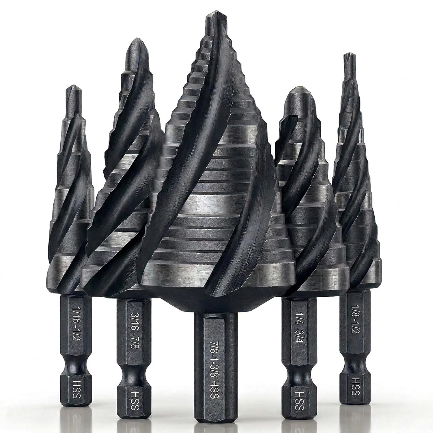 Four Spiral Flute Step Drill Bit Set - 1/8"-1-3/8" 5PCS HSS Unibits with 1/4" and 3/8" Quick-Change Hex Shank and Storage Case, for Metal, Wood, Electrical Installation, Auto Repair & Home Use