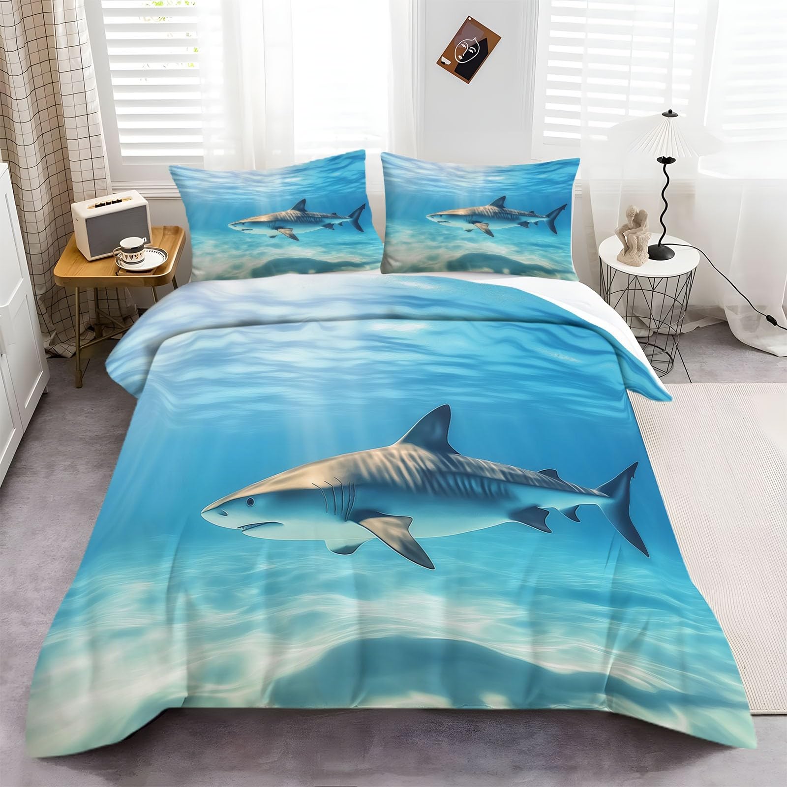 Bettwäsche 155x220 cm Unterwasser-Tigerhai Bettwäsche Set für Doppelbett mit Reißverschluss und 2 Kissenbezug 80x80 cm, Bettbezug Set 3 Teilig Bettdeckenbezug