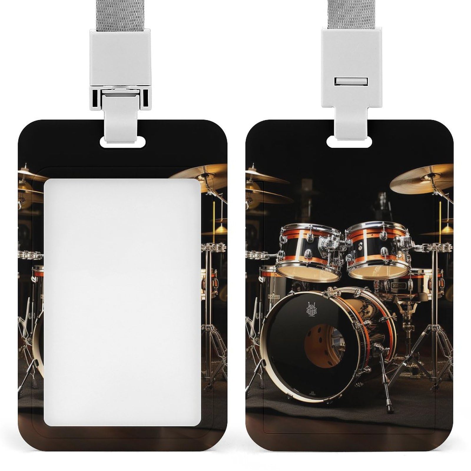 ID Card Holders for Lanyard,Drum Set Printed Badge Holder with Clear Window,Plastic Vertical Bus Pass Holders for Work Teacher Nurse Employees Proximity Key Cards Women Men