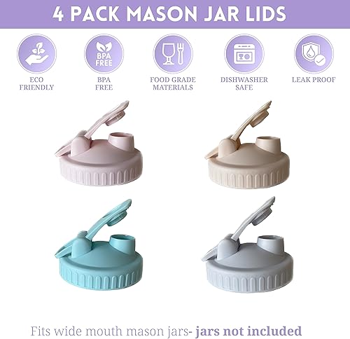 Miniatura 2 de 4 tapas para tarros Mason de boca ancha con boquilla de vertido y tapa abatible a prueba de fugas, sin BPA (tarros no incluidos)