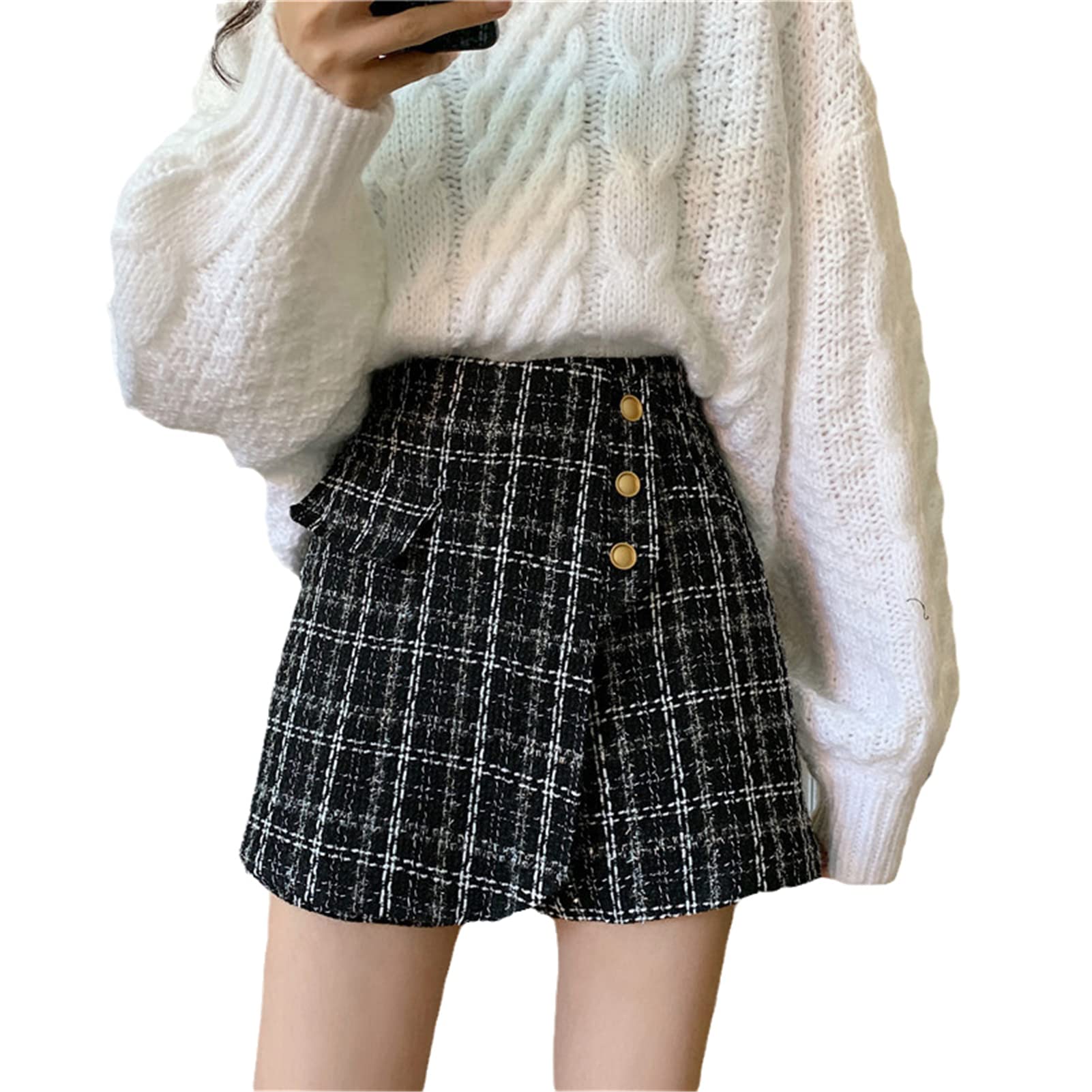 FIVETOSEVENButton Zipper Plaid Tweed Irregular Office Lady Shorts Woman Short
