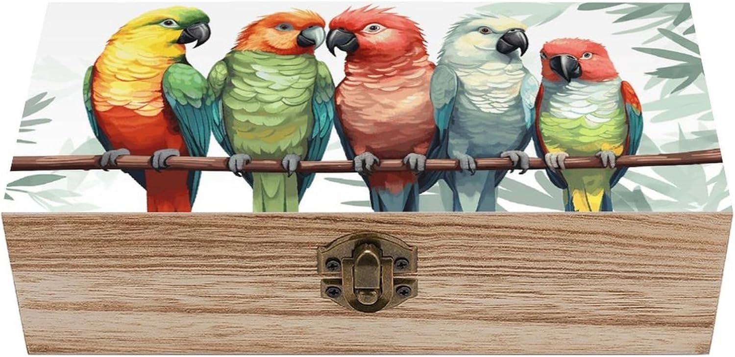 Colorful Parrots On Tree Wooden Keepsake Box with Hinged Lid Wood Box