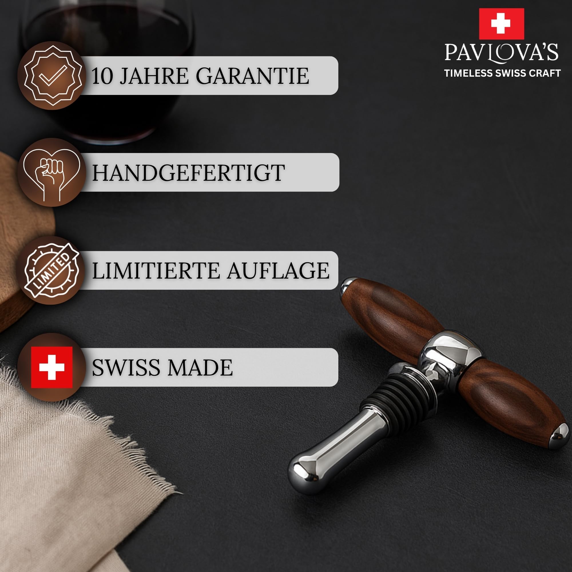 PAVLOVA’S Schweizer Korkenzieher & Flaschenverschluss Set 2-in-1 aus Walnussholz – Edelstahl – Vintage Design – Sicherer Flaschenverschluss – Geschenkbox – 10 Jahre Garantie – Limitierte Edition