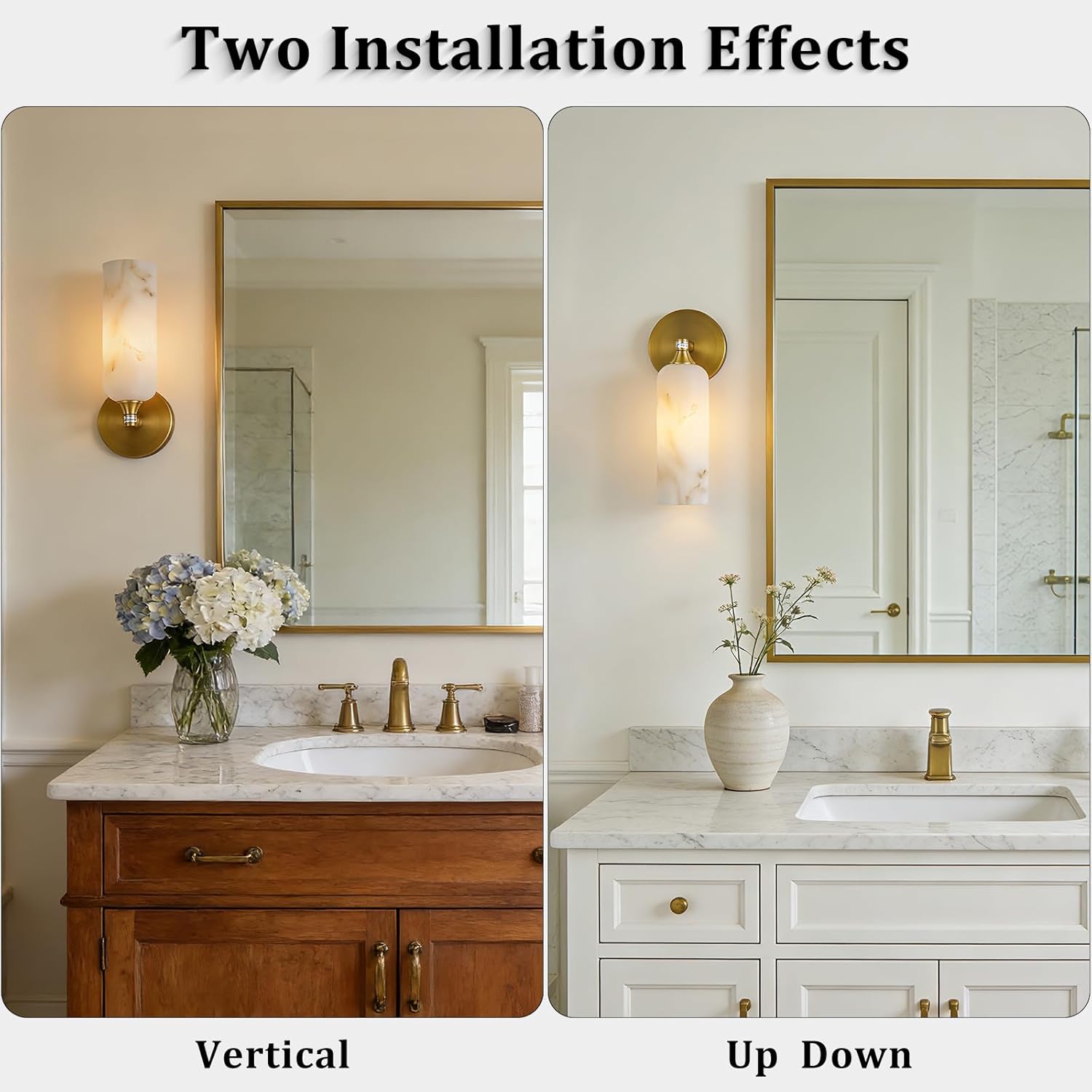 Alabaster Wall Sconces, 12in Vintage Spanish Brass Gold Vanity Light, Dimmable Hardwired Upward Sconce Lighting for Bathroom Mirror Hallway Living Room, Luxury Handcrafted Art Deco Wall Lamp Fixture