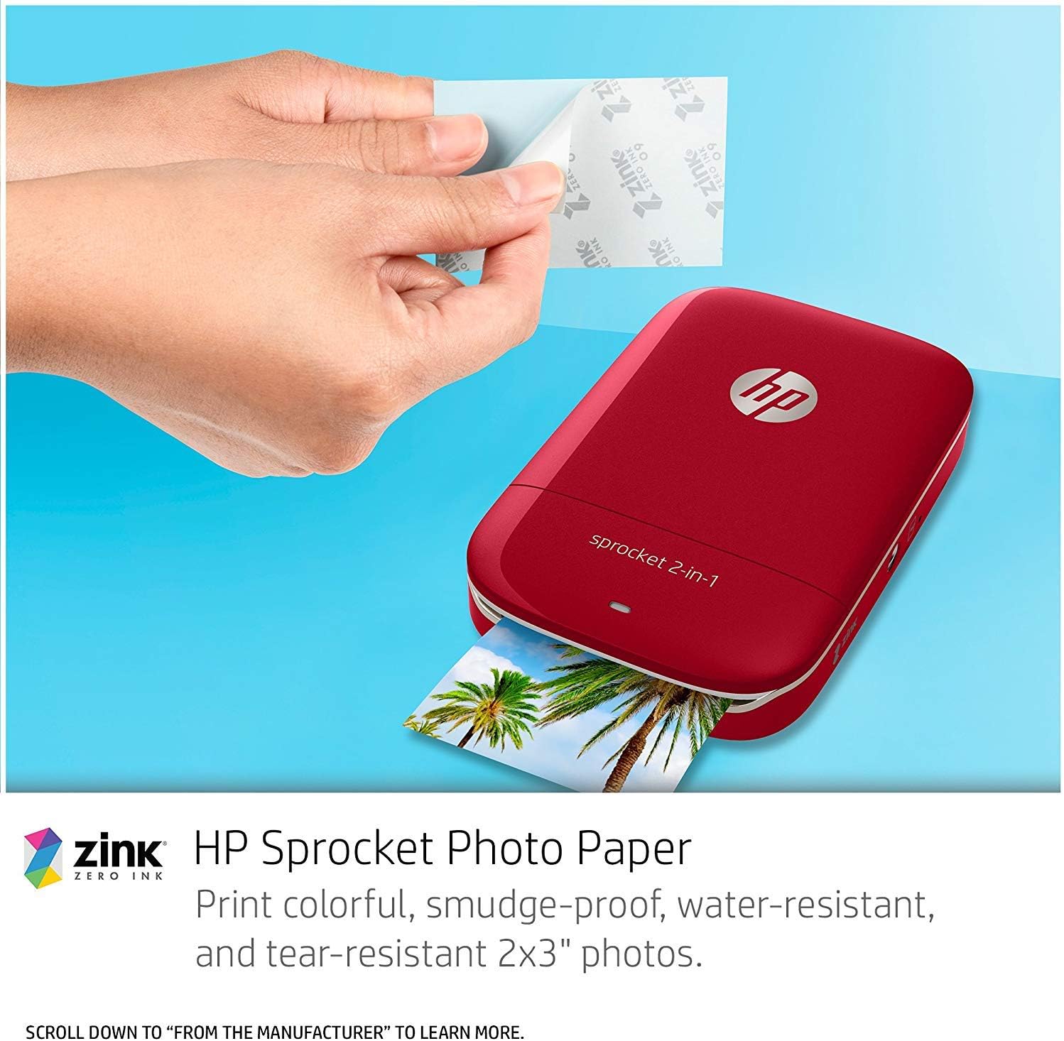 Diagram of the HP Sprocket 2-in-1 highlighting the loop for charms/wrist strap, power switch, shutter button, 10-second timer, and USB charging port.