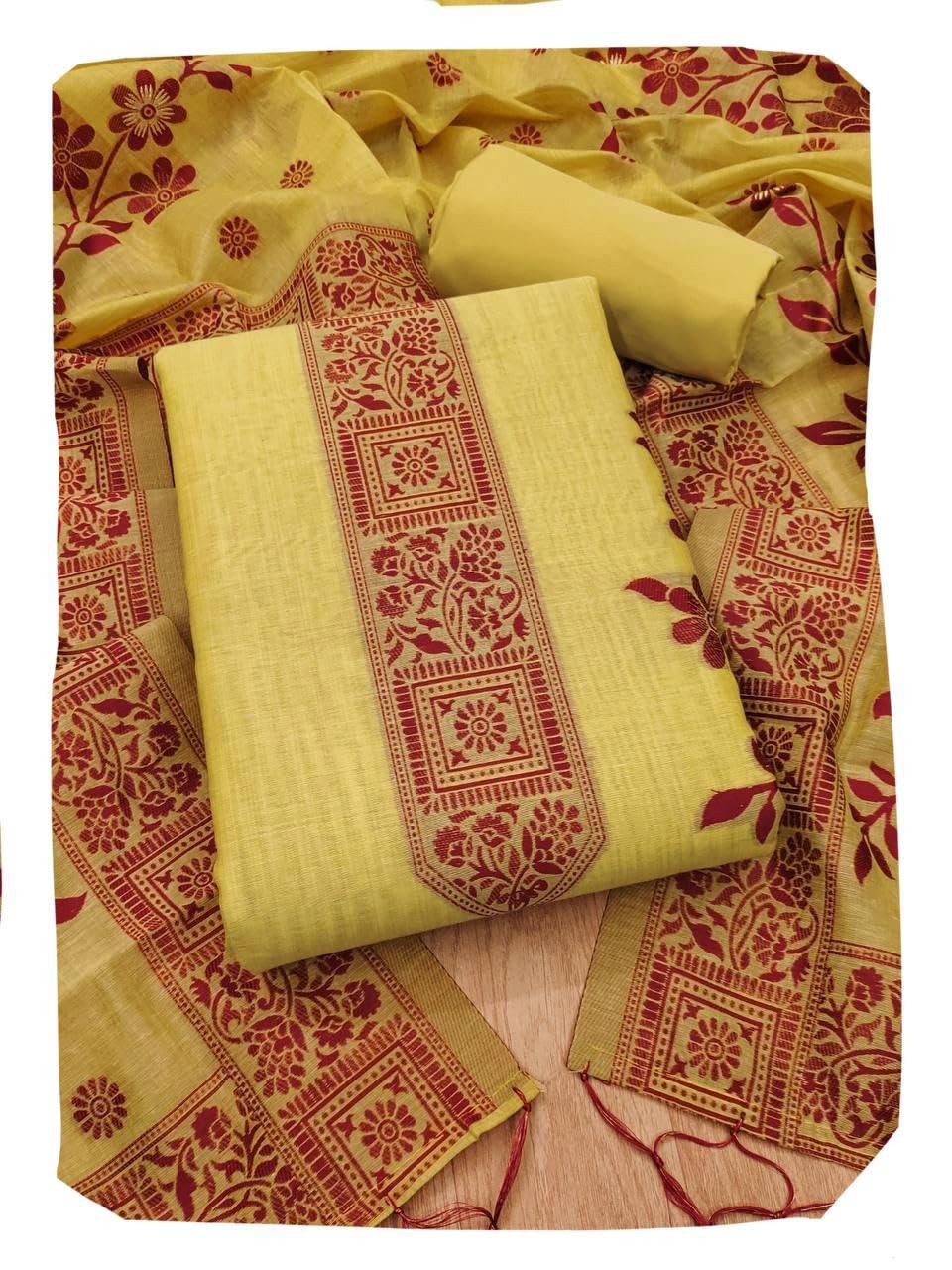 Muga Cotton Jamdani Pichwai Weaving Salwar Suit Dress Material with Dupatta for Women | 3 Piece Unstitched Suit Set | Woven Ethnic Dress Material for Festive, Casual & Office Wear-image-16