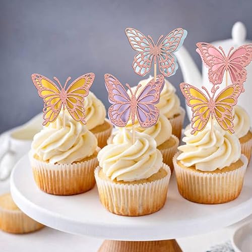 Miniatura 5 de 1 pieza de decoración de pastel de 6 cumpleaños de mariposa con purpurina dorada y rosa para 6 cumpleaños, decoración para baby shower, niños y