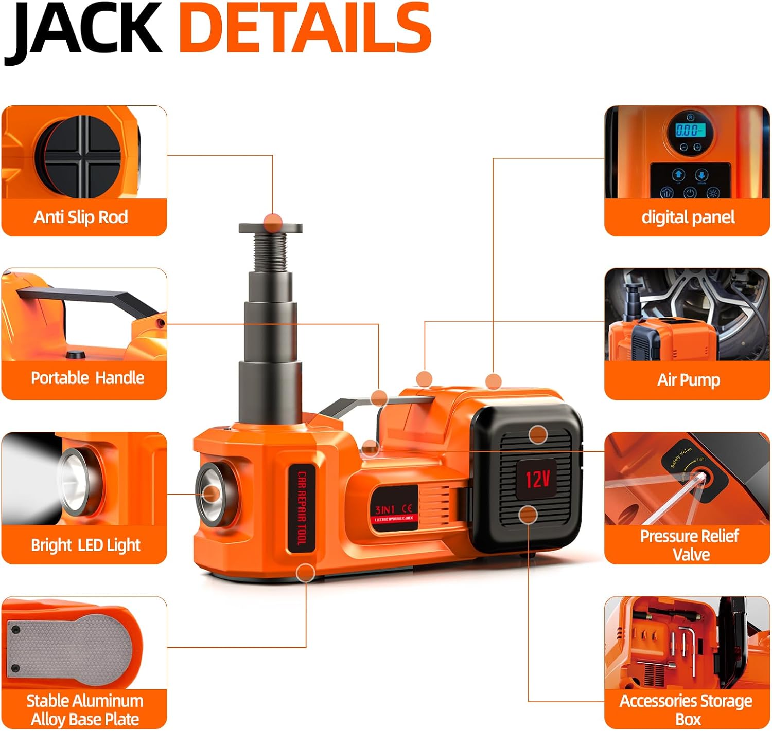 Car Jack Electric Hydraulic Jack 5Ton 155-450mm LCD Display 3in1 Lift Inflator LED Light 12V Portable Outdoor Home Emergency Tire Change Roadside Rescue Tool for Sedan SUV Truck