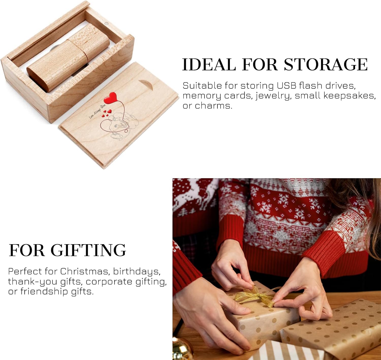 JBOS Wooden Gift Box with Sliding Lid – Maple Wood Memory Box for USB Drive, “Love Always Wins” Printed - The Ultimate Romantic Gift for Couples, Wedding, Anniversary & Valentine‘s Day(3.15"x2"x0.98") image 3