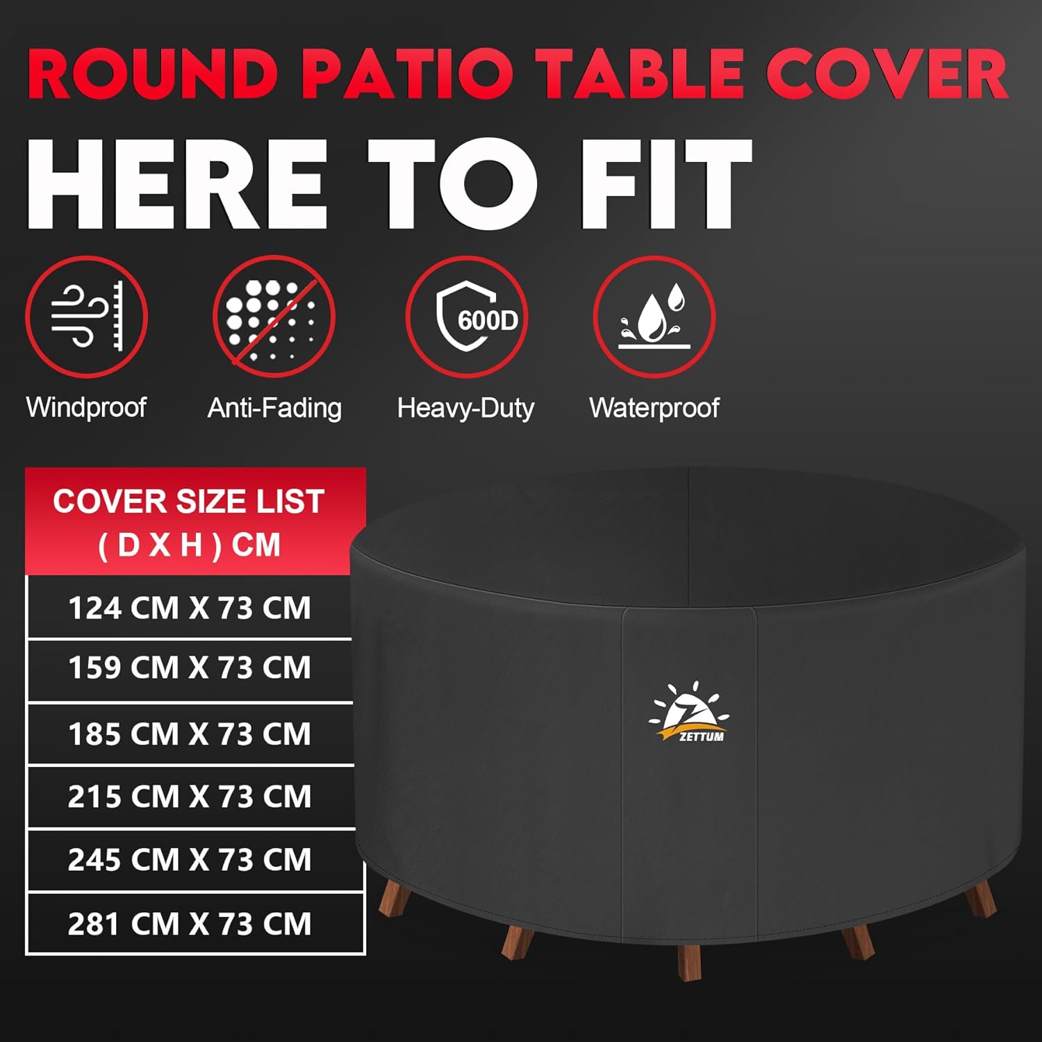 Zettum Ø160x73cm Garden Table Cover Round Durable 600D Oxford Fabric Outdoor Furniture Covers Ideal for Rattan Round Furniture Set, Patio Table & Chairs with Heavy Duty Outdoor Table Covers Waterproof 6 71 PRHSQd0L. AC SL1500